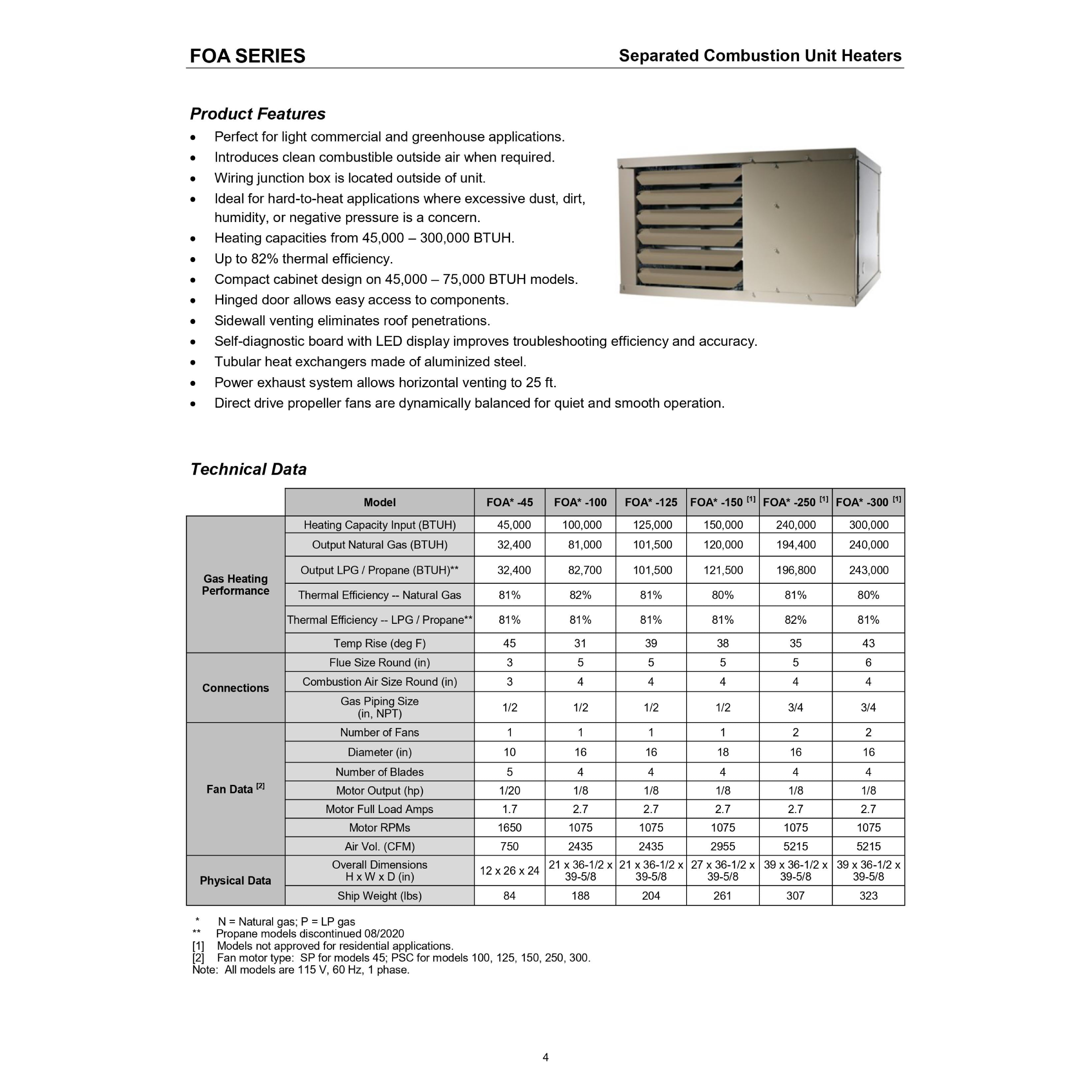 FOAN-100 ADP FOA Series Separated Combustion Natural Gas Fired Unit Heater 100,000 BTU, Efficiency  82% 115 V, 60 Hz, 1 phase, 2435 CFM