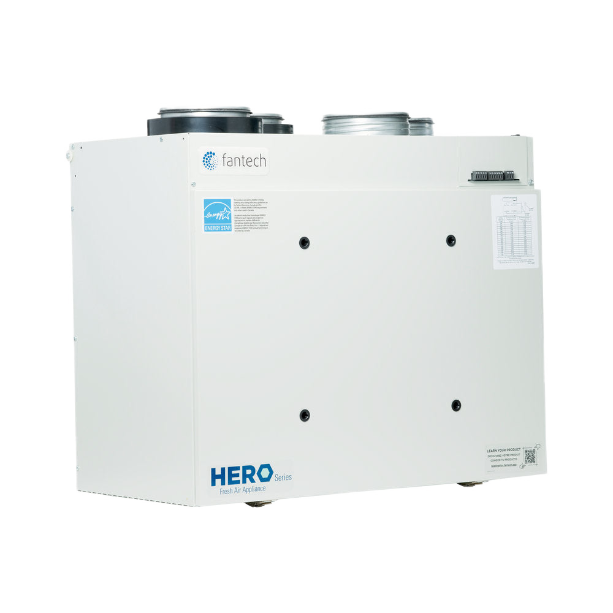 HERO 250H-EC Fantech Residential Heat Recovery Ventilator (HRV) for Fresh Air 263 CFM, 6" Top Duct Connection, Energy Star Qualified, 120V, EC Motors