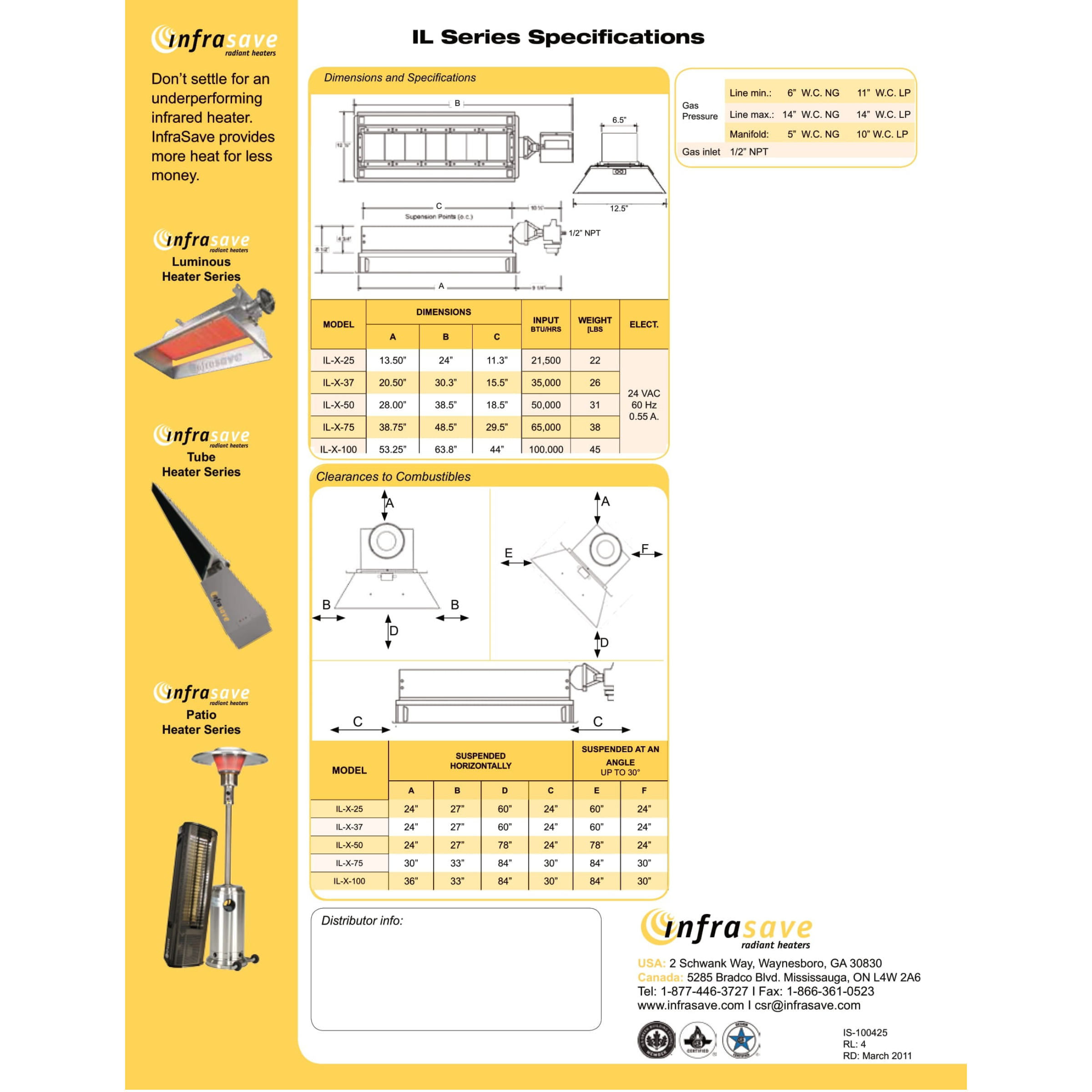 IL 50 Infrasave IL Series High Efficient Indoor Infrared Radiant Heater Natural Gas - 50,000 BTU, 24 V