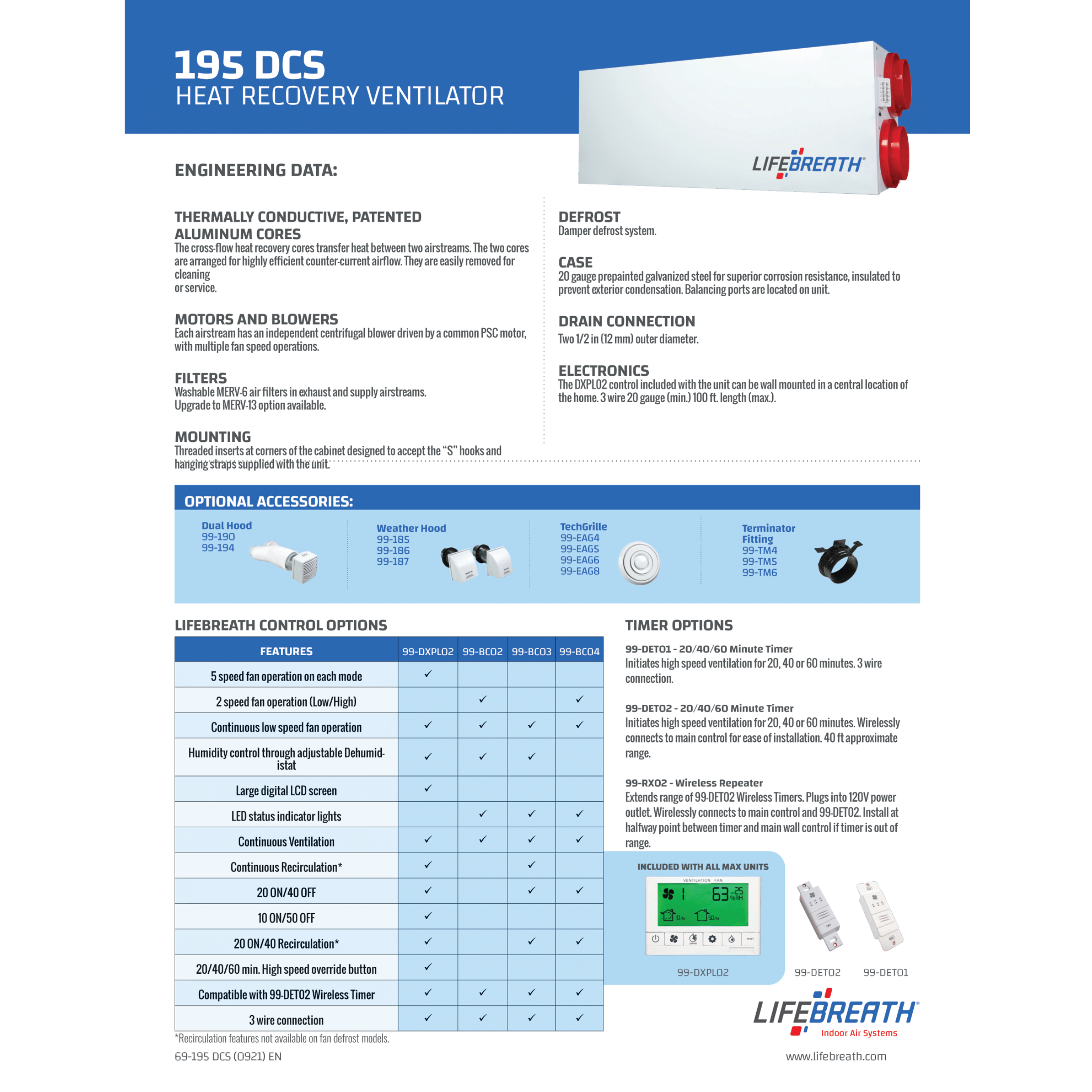195DCS Lifebreath Residential Heat Recovery Ventilator (HRV), 158 CFM, 120 V, Frequency 60 Hz - Control Included