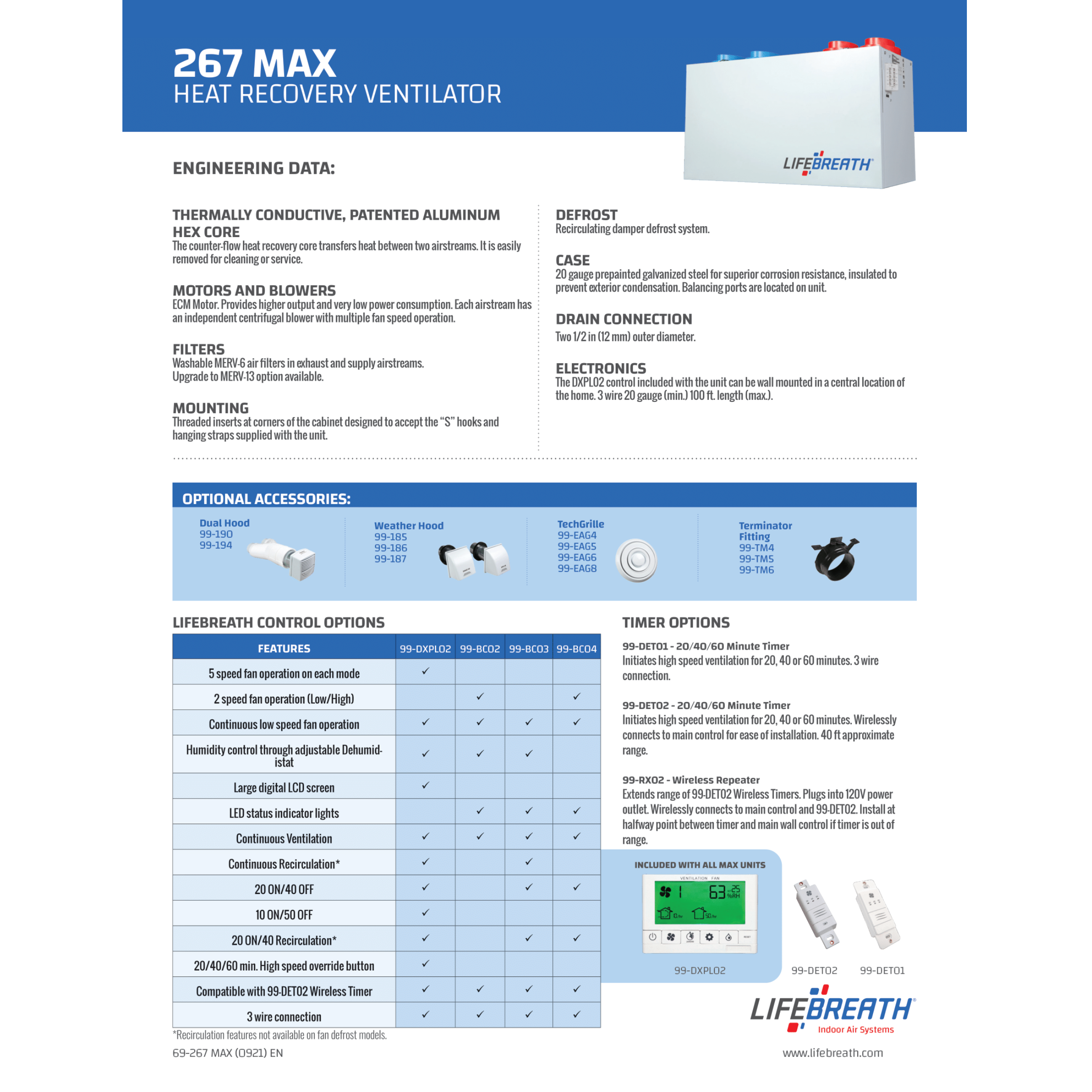 267MAX Lifebreath Residential Heat Recovery Ventilator (HRV), 307 CFM, 120 V