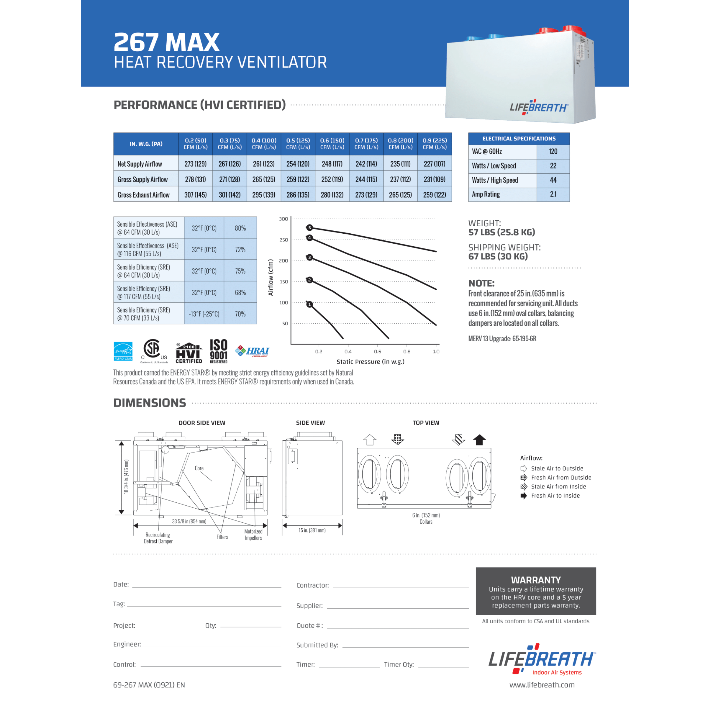 267MAX Lifebreath Residential Heat Recovery Ventilator (HRV), 307 CFM, 120 V