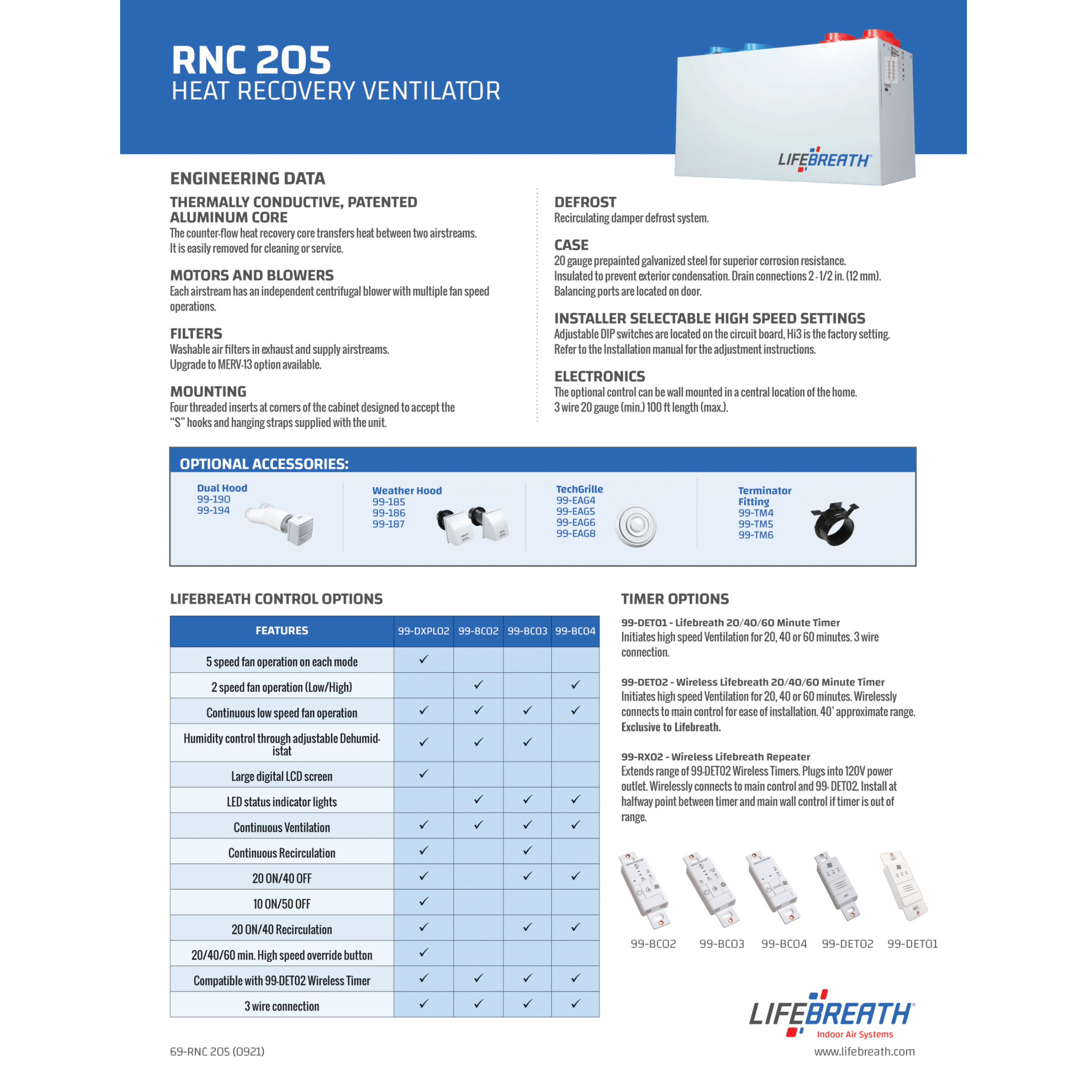 RNC205 Lifebreath Residential Heat Recovery Ventilator (HRV), 179 CFM, 120 V, Frequency 60 Hz