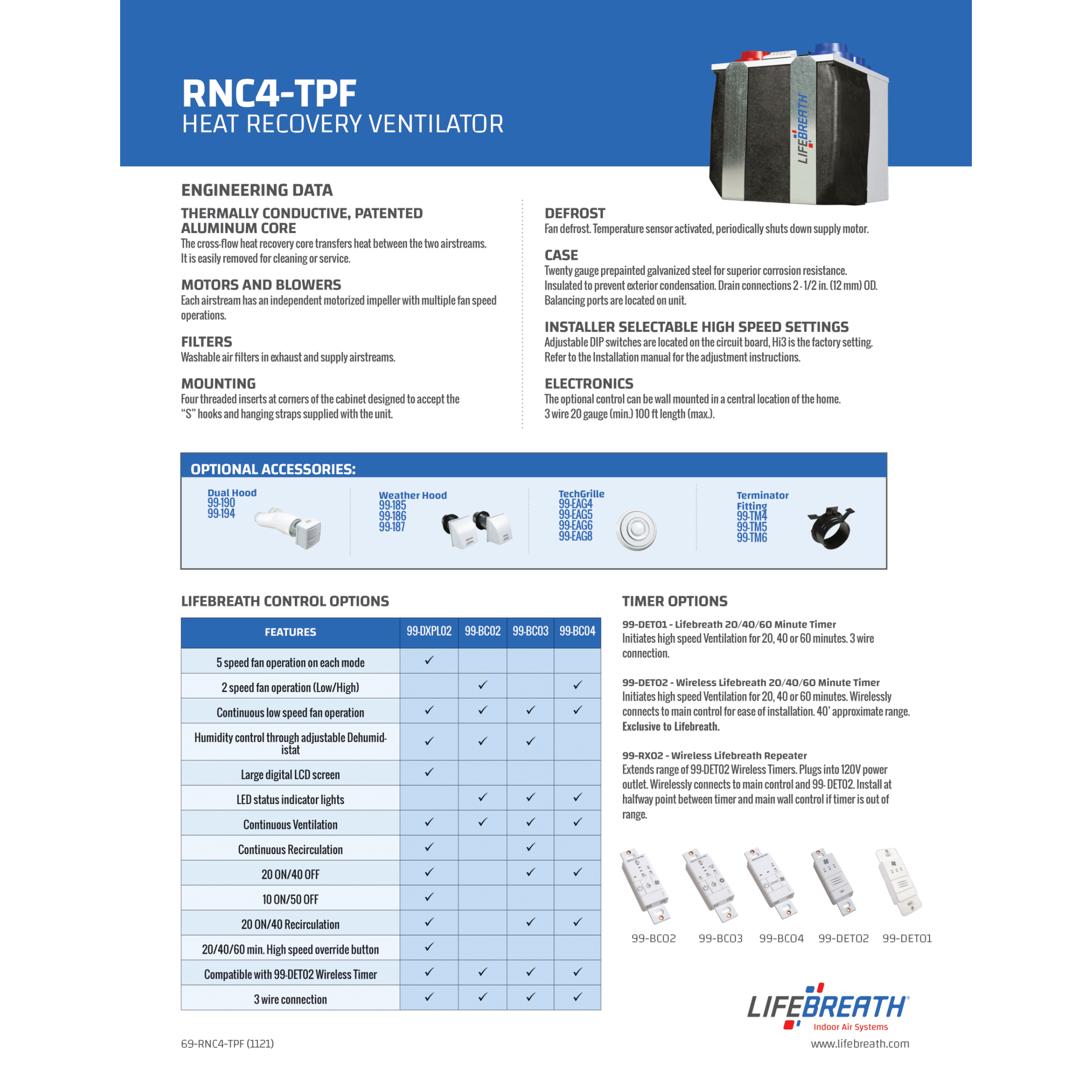 RNC4-TPD Lifebreath Residential Heat Recovery Ventilator (HRV), 58 CFM, 120 V, Frequency 60 Hz
