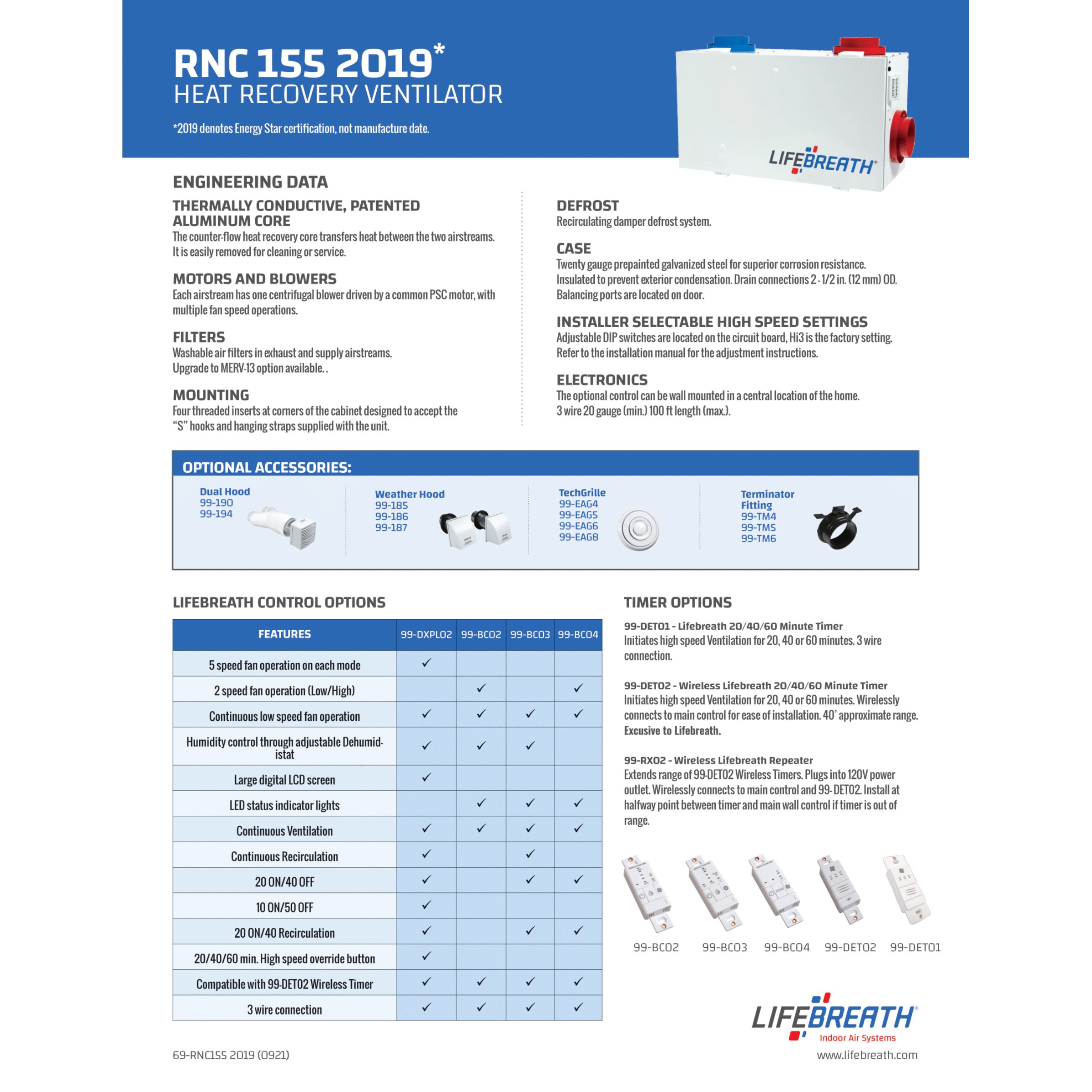 RNC155 Lifebreath Residential Heat Recovery Ventilator (HRV), 132 CFM, 120 V - Frequency 60 Hz - with Recirculating Damper Defrost System