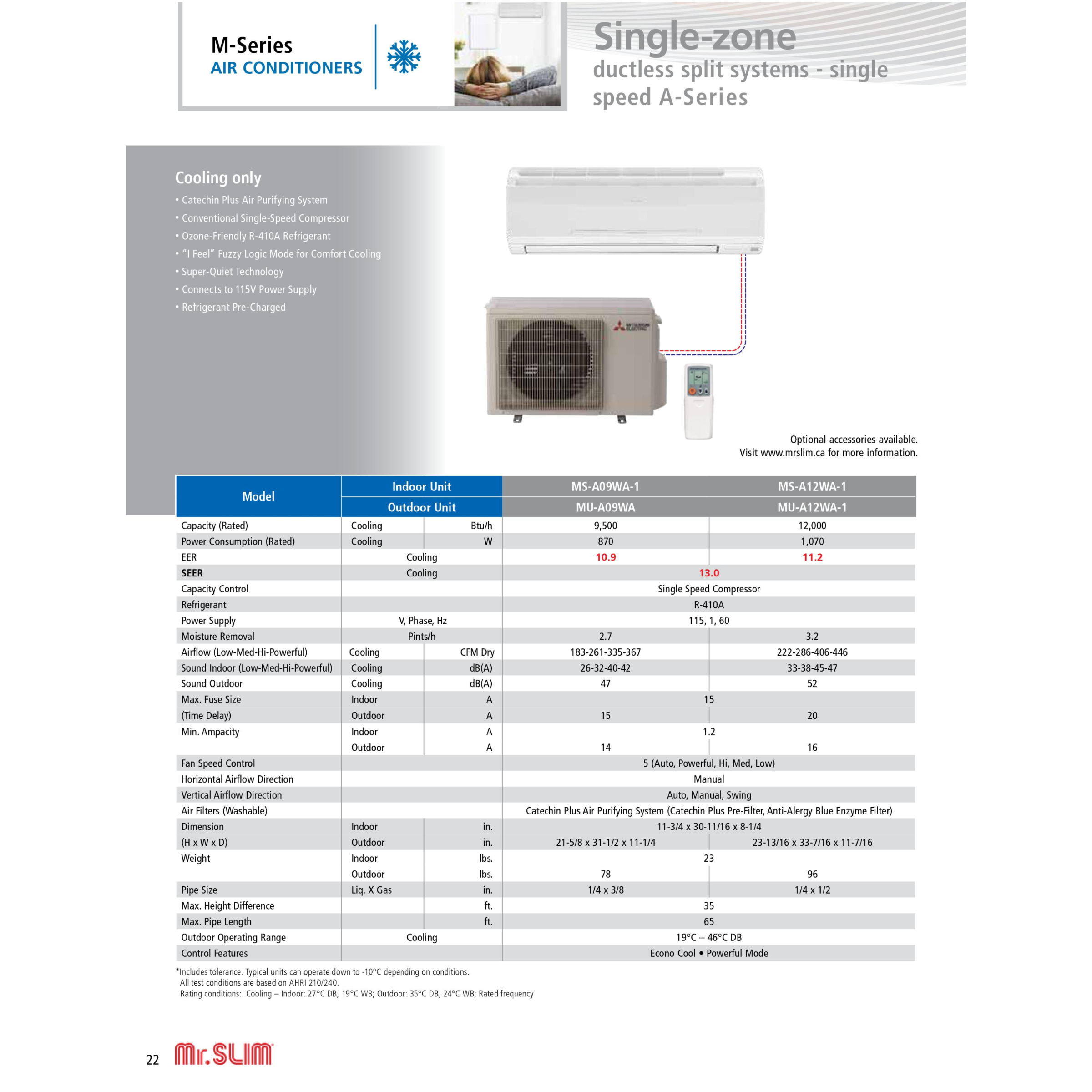 Mitsubishi M-Series 13 SEER Single-Zone Ductless Split System Wall Mounted Cooling Only Air Conditioner, 9000 BTU, 115V, R-410A