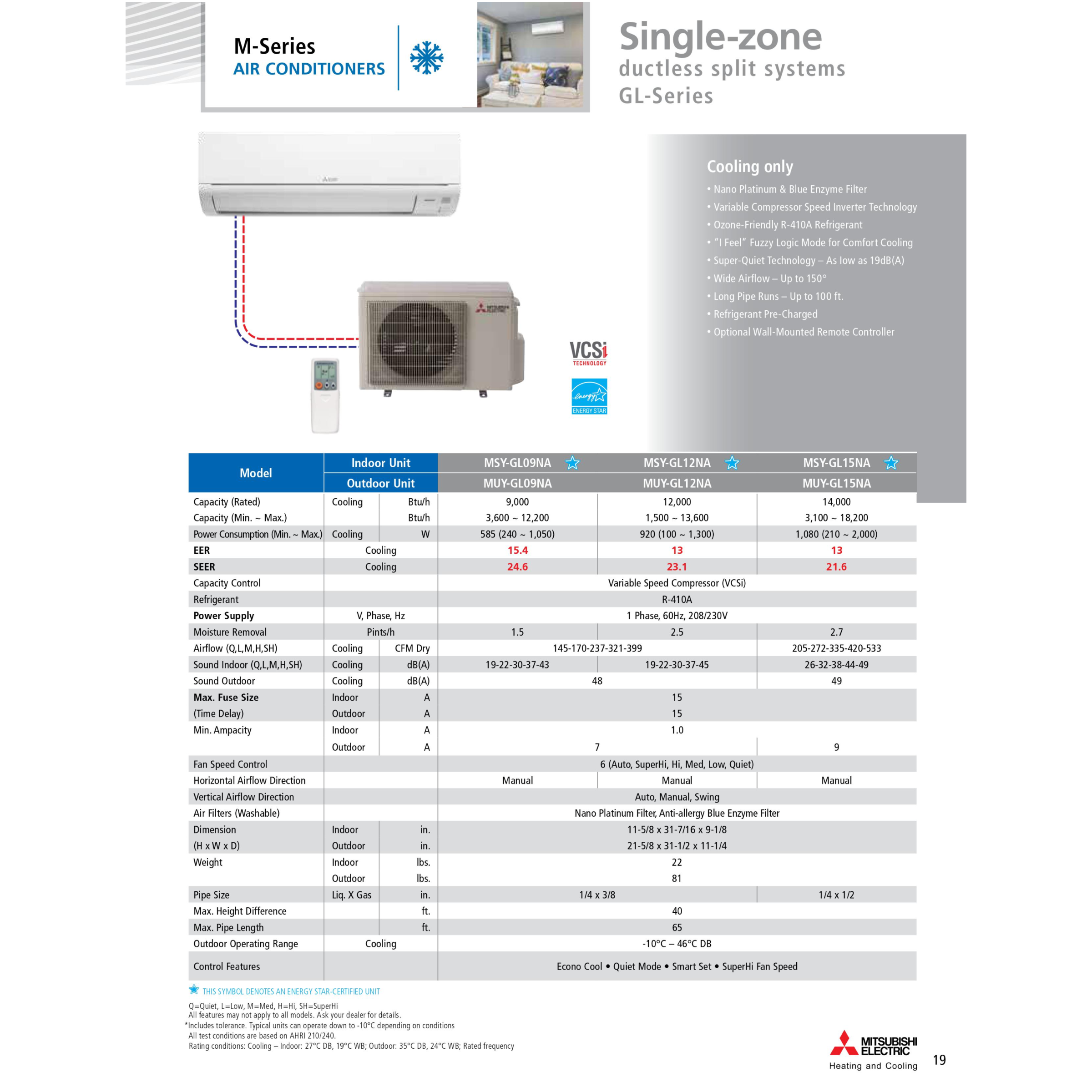 Mitsubishi GL-Series 24.6 SEER Single-Zone Ductless Split System Wall Mounted Cooling Only Air Conditioner 9000 BTU, 230V, R-410A