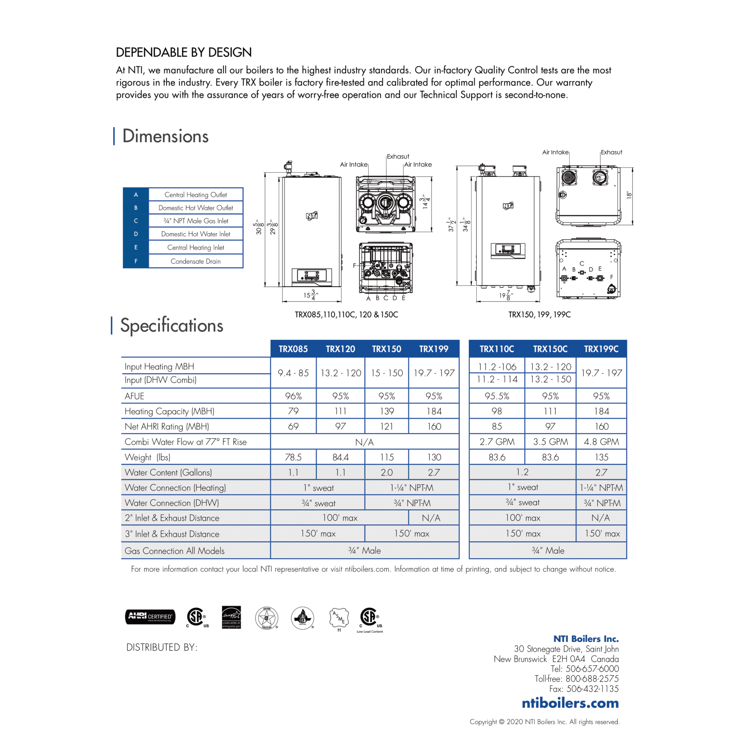 NTI-TRX085, TRX Series, High-Efficiency Wall-Hung Boiler, 85000 BTU/h
