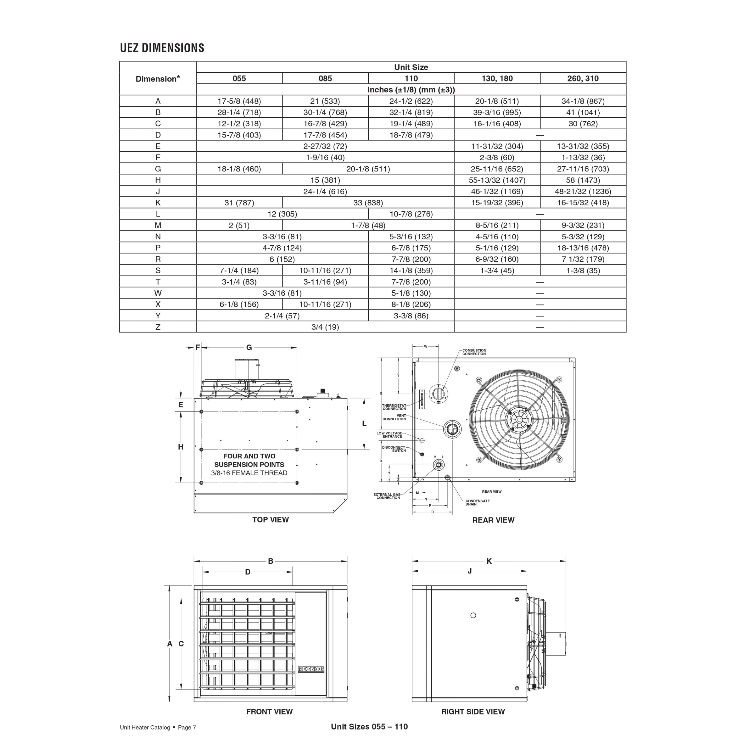 UEZ260 Reznor Model UEZ High-Efficiency Gas Fired Separated Combustion Unit Heater 260,000 BTU, Thermal Efficiency 92%, 4430 CFM