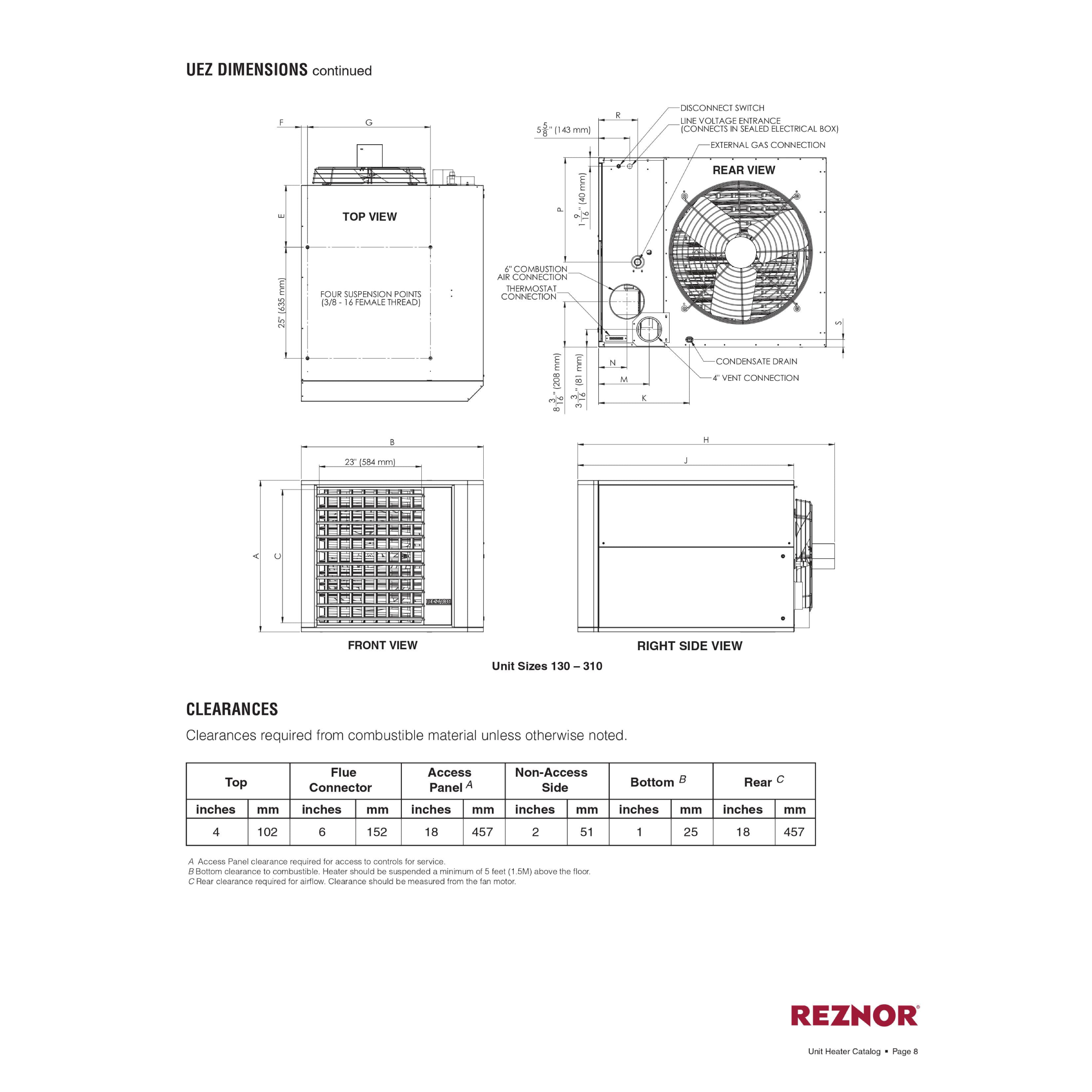 UEZ310 Reznor Model UEZ High-Efficiency Gas Fired Separated Combustion Unit Heater 305,000 BTU, Thermal Efficiency 91%, 4283 CFM
