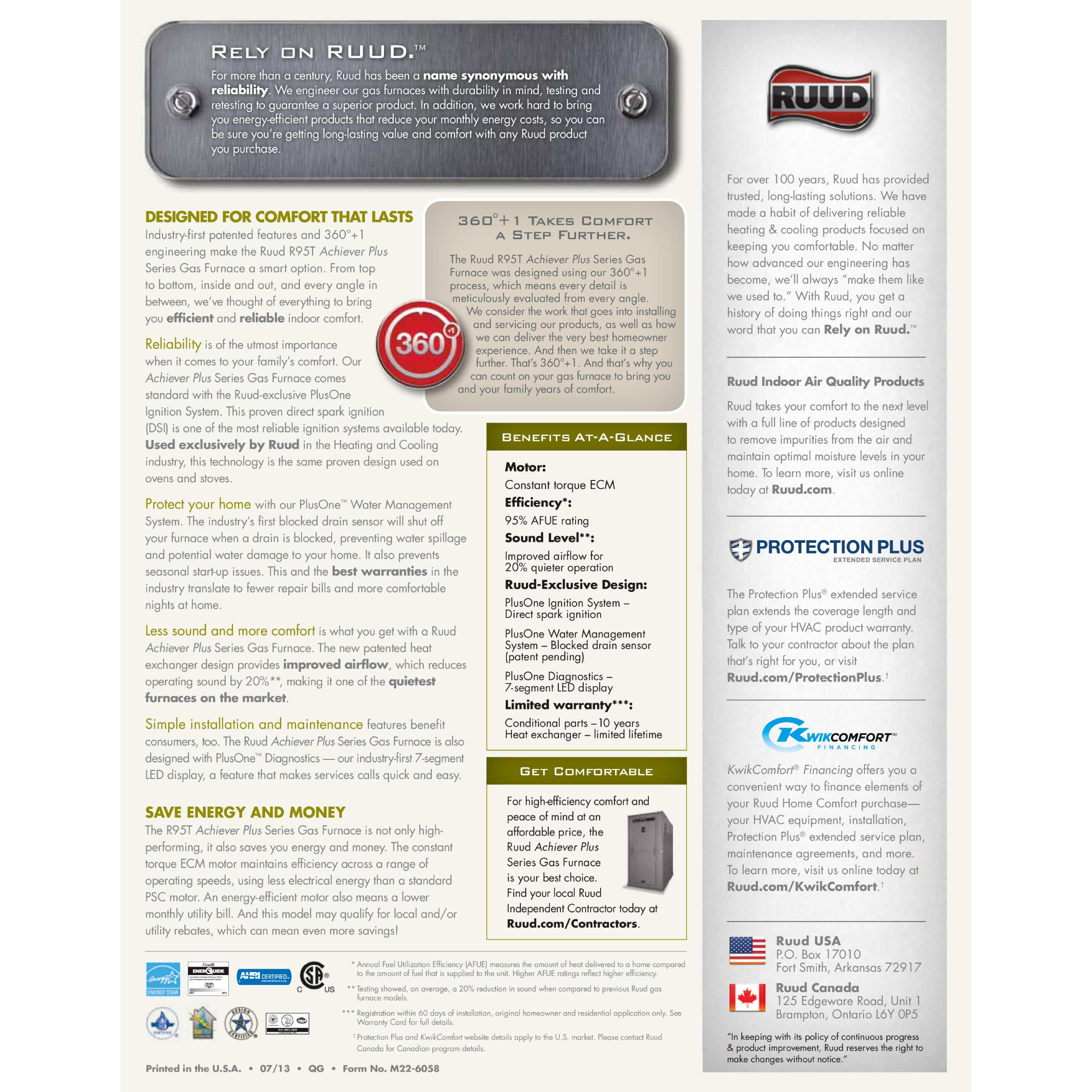 R95T Ruud Achiever ® Series Multi-position Gas Furnace, Input Rates from 40 to 115 kBTU, 95% A.F.U.E.