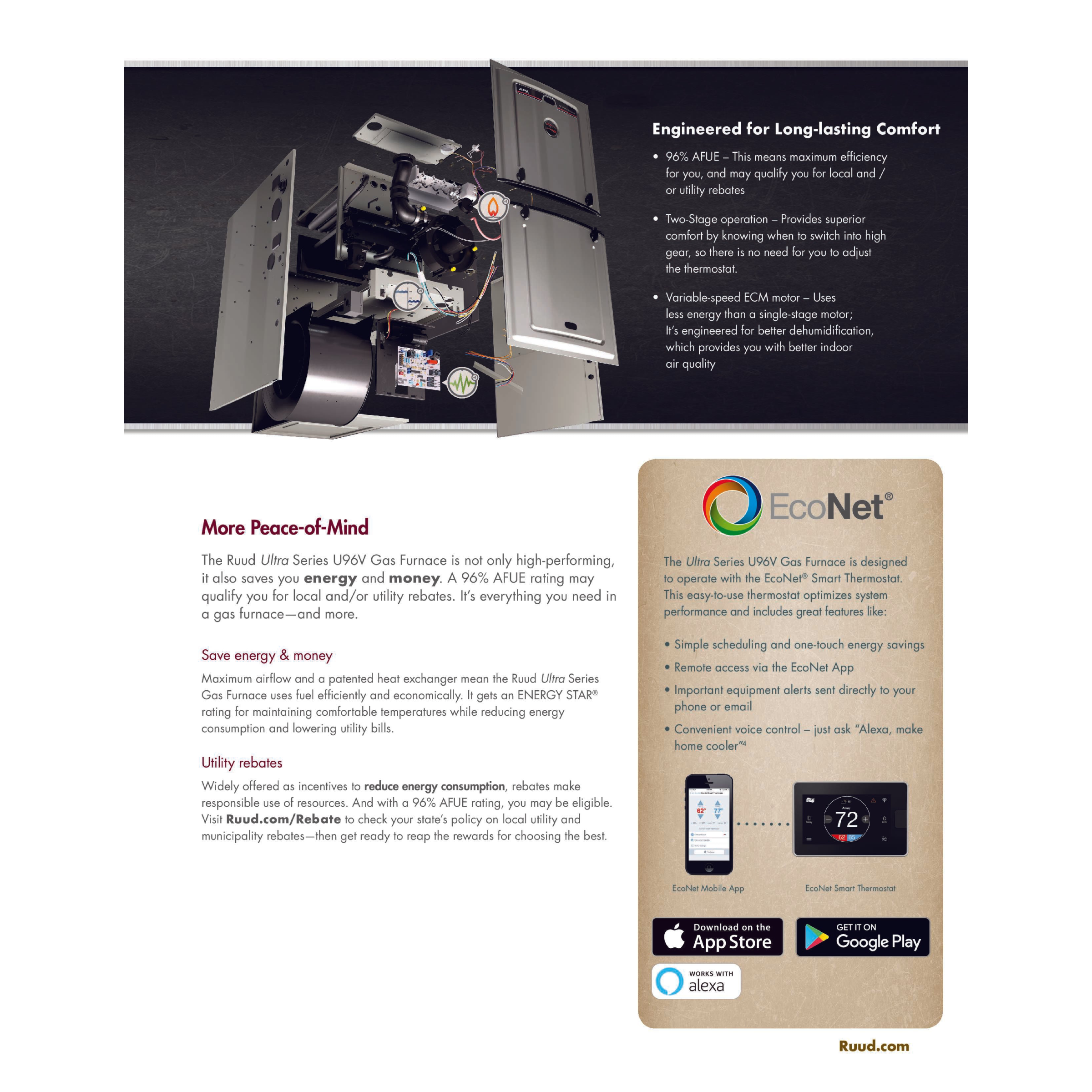 U96V Ruud Ultra™ Series Two-Stage Variable Speed Upflow Gas Furnace Input Rates of 40 to 115 kBTU, 96% A.F.U.E., Energy Star Qualified