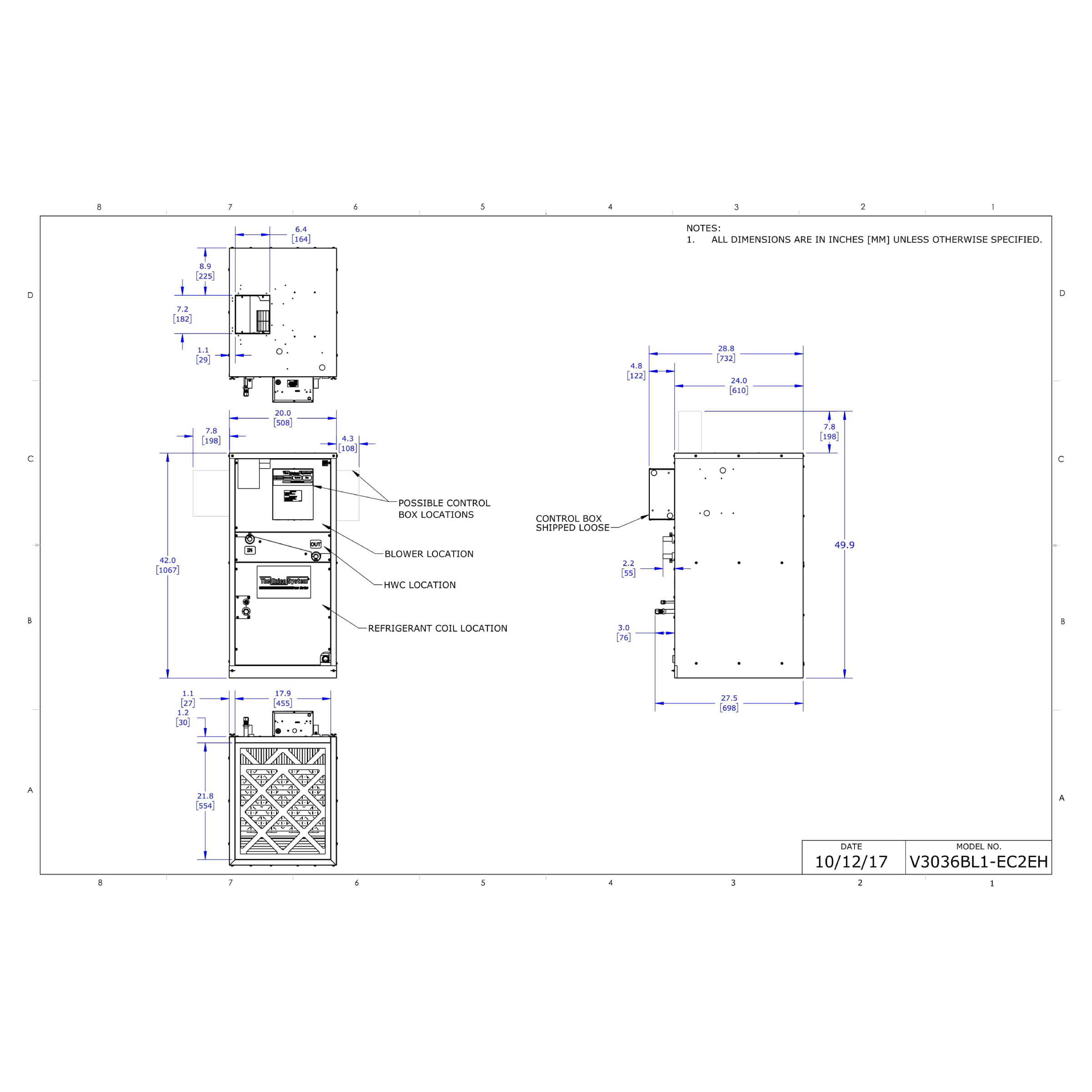V3036B-1EC2EH Unico V-Series 3036 Model Vertical Air Handler Unit, 2.5 - 3 Ton, 36,000 BTU/h, 208/230 Variable Speed, AC/Heat Pump Coil, 4-Row with R410A TXV, with Hot Water Coil