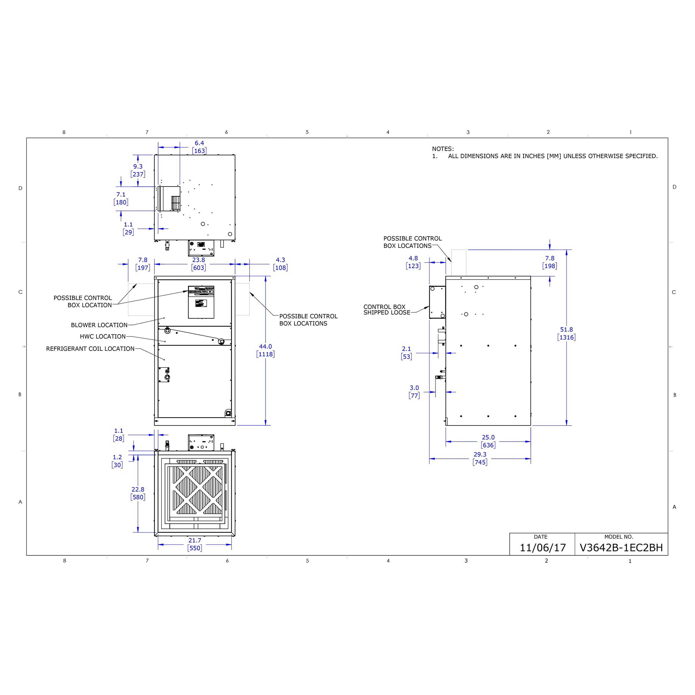 V3642B-1EC2BH Unico V-Series 3642 Model Vertical Air handler Unit 3-3.5 Ton, 42,000 BTU/h, 208/230 Variable Speed, AC/Heat Pump Coil, 3-Row with R410A TXV, with Hot Water Coil