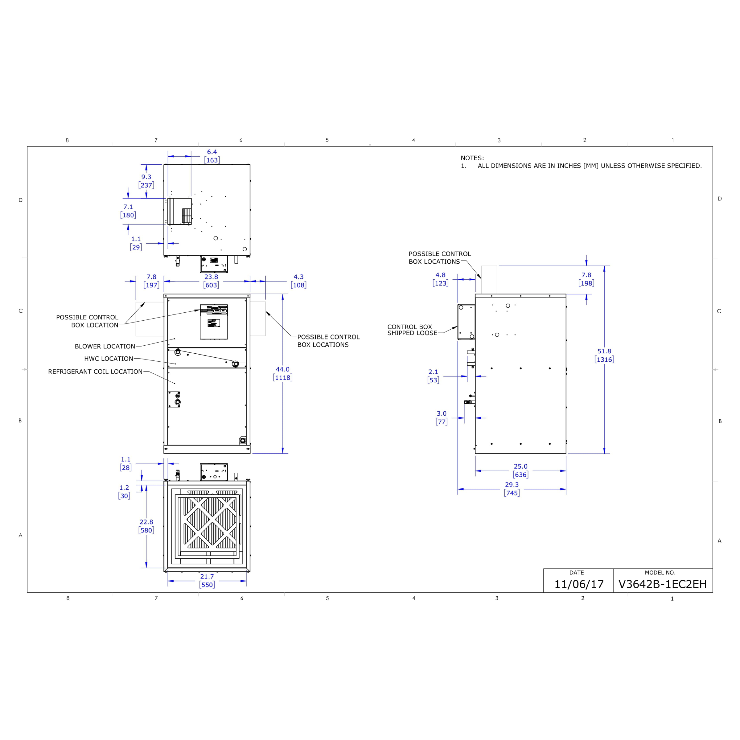 V3642B-1EC2EH Unico V Series Vertical Air Handler Unit, E Coil, HWC, 3642 Model 3.0 - 3.5 Ton, 42,000 BTU/hr, 208/230 Variable Speed, AC/Heat Pump Coil, 4-Row with R410A TXV, with Hot Water Coil