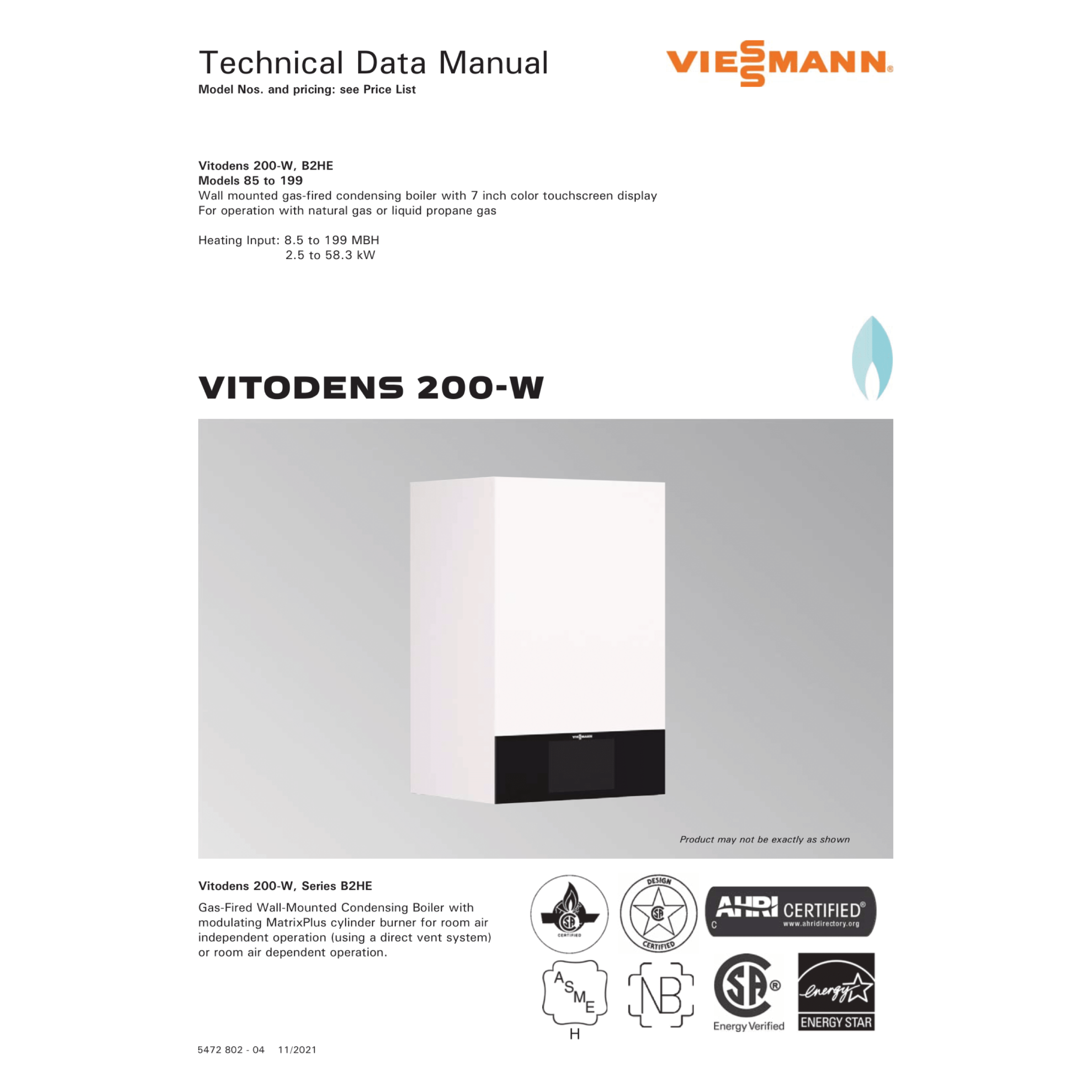 Viessmann B2HE199, VITODENS 200-W Series Condensing Boiler 187 MBH