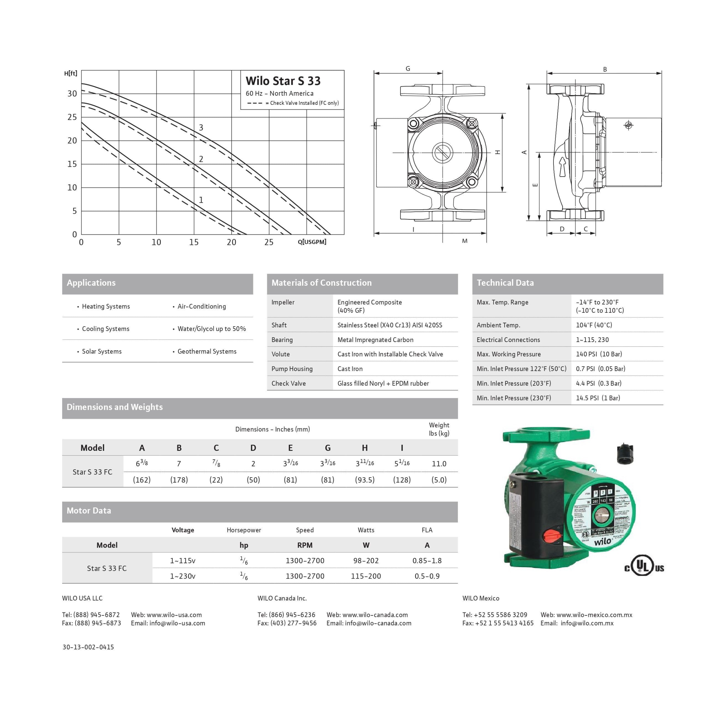 Star S 33 FC Wilo Star S Series Cast Iron 3-Speed Residential Circulator Pump, 1/6 HP, 115V/60Hz/1Ph, Max Flow 33 USGPM, 140 Psi