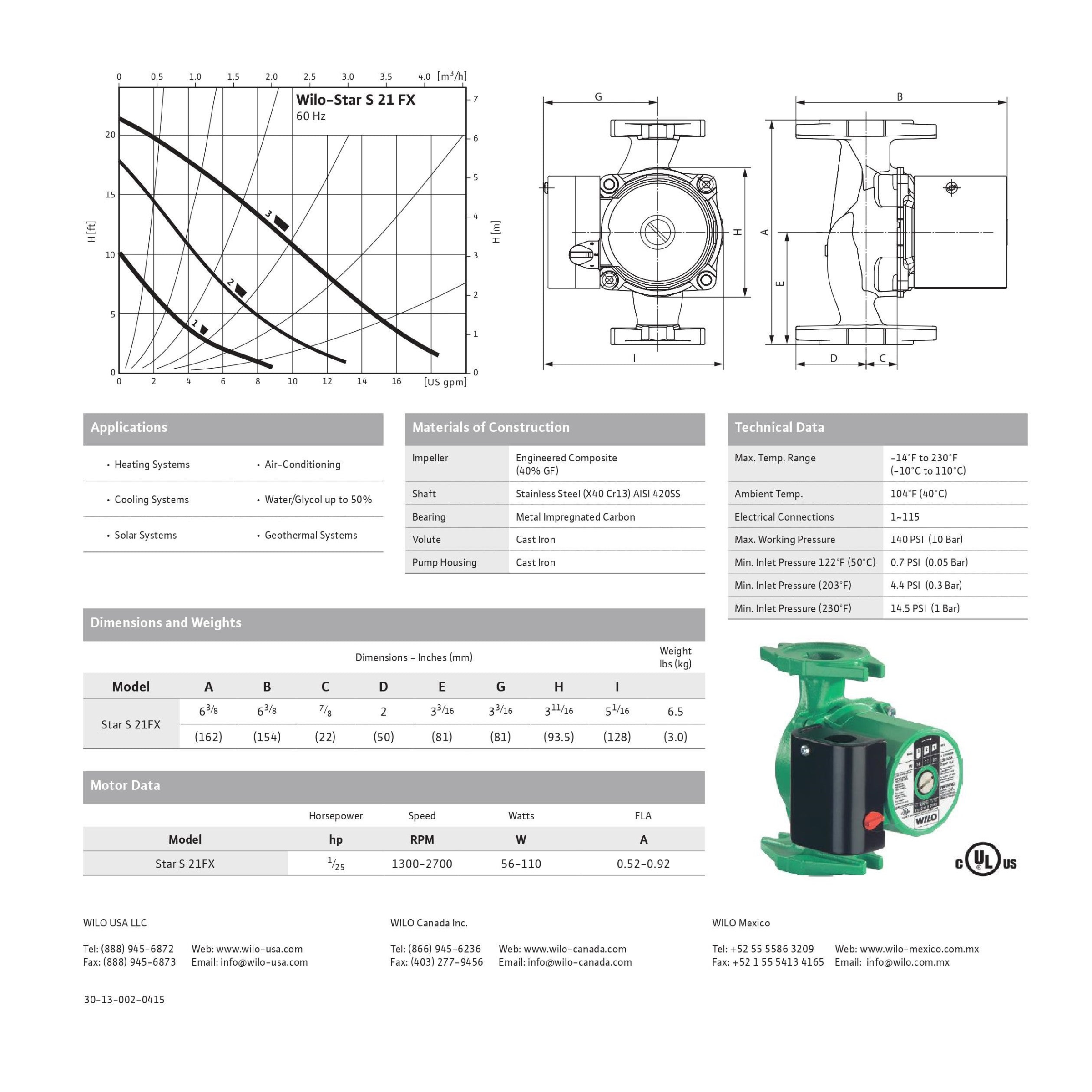 Star S 21 FX Wilo Star S Star S Series Cast Iron 3-Speed Residential Circulating Pump Max Flow 19 USGPM, 140 Psi, 115V/60HZ/1Ph, 1/25 HP