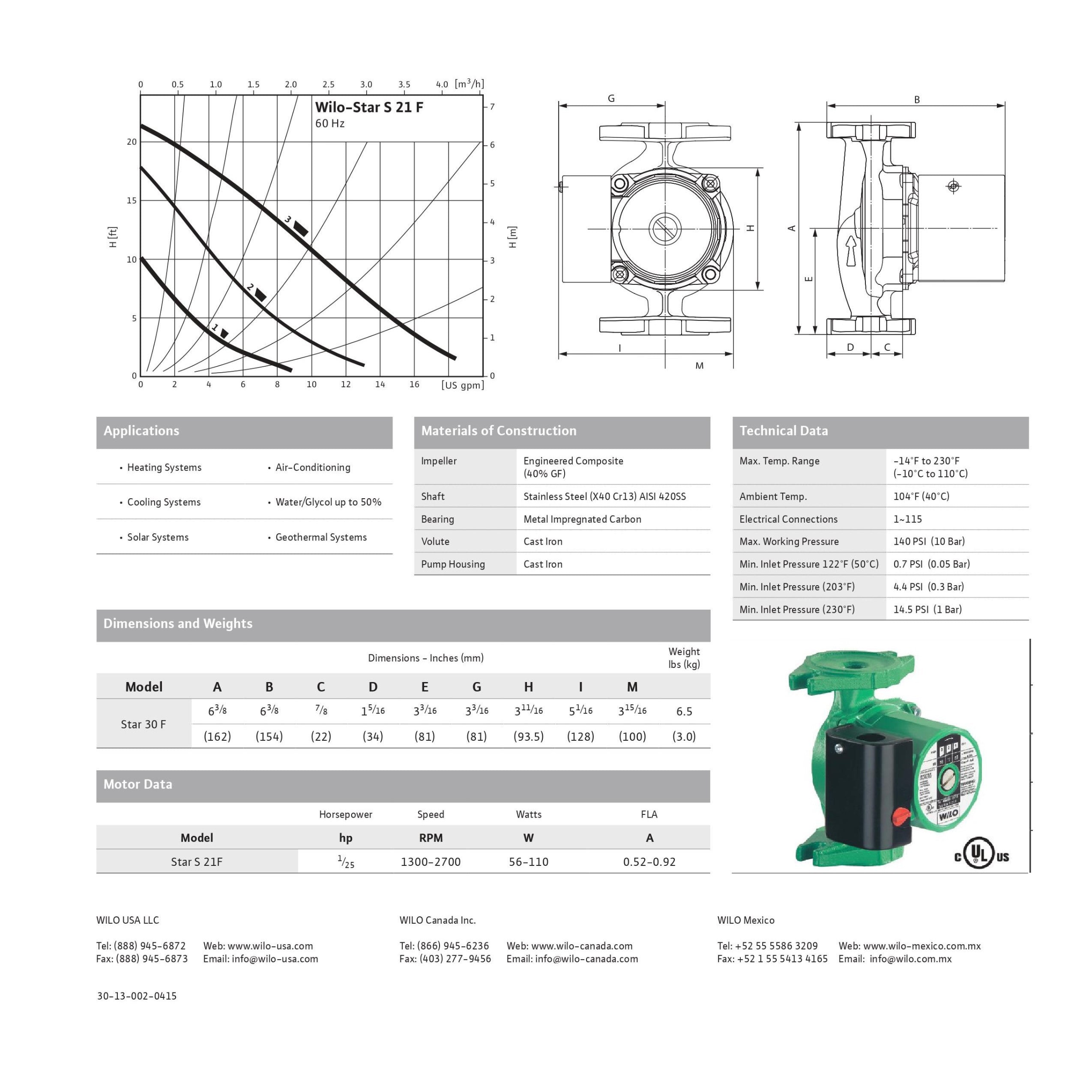 Star S 21 F Wilo Star S Series Cast Iron 3-Speed Residential Circulating Pump, Max Flow. 19 USGPM, 140 Psi, 115V/60Hz/1Ph, 1/25 PH