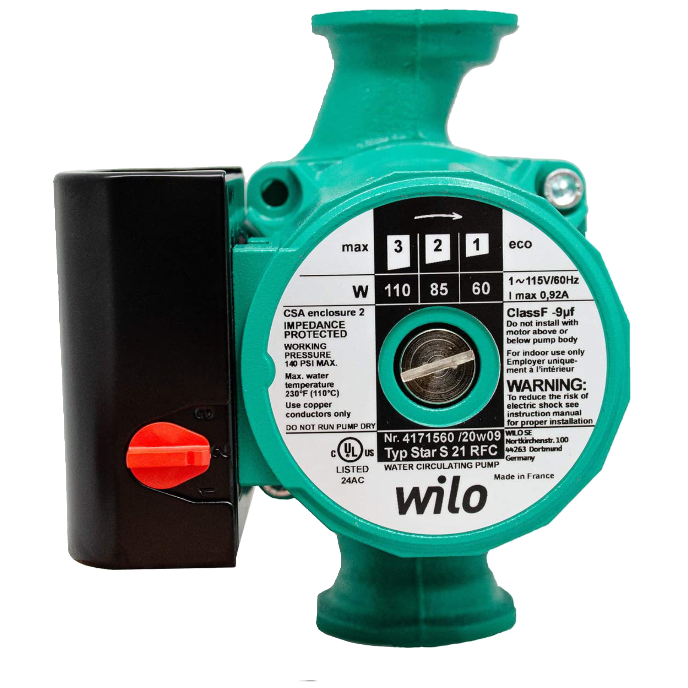 Star S 21 RFC Wilo Star S Star S Series Cast Iron 3-Speed Residential Circulating Pump, Max Flow 19 USGPM, 140 Psi, 115V/60HZ, 1/25 HP