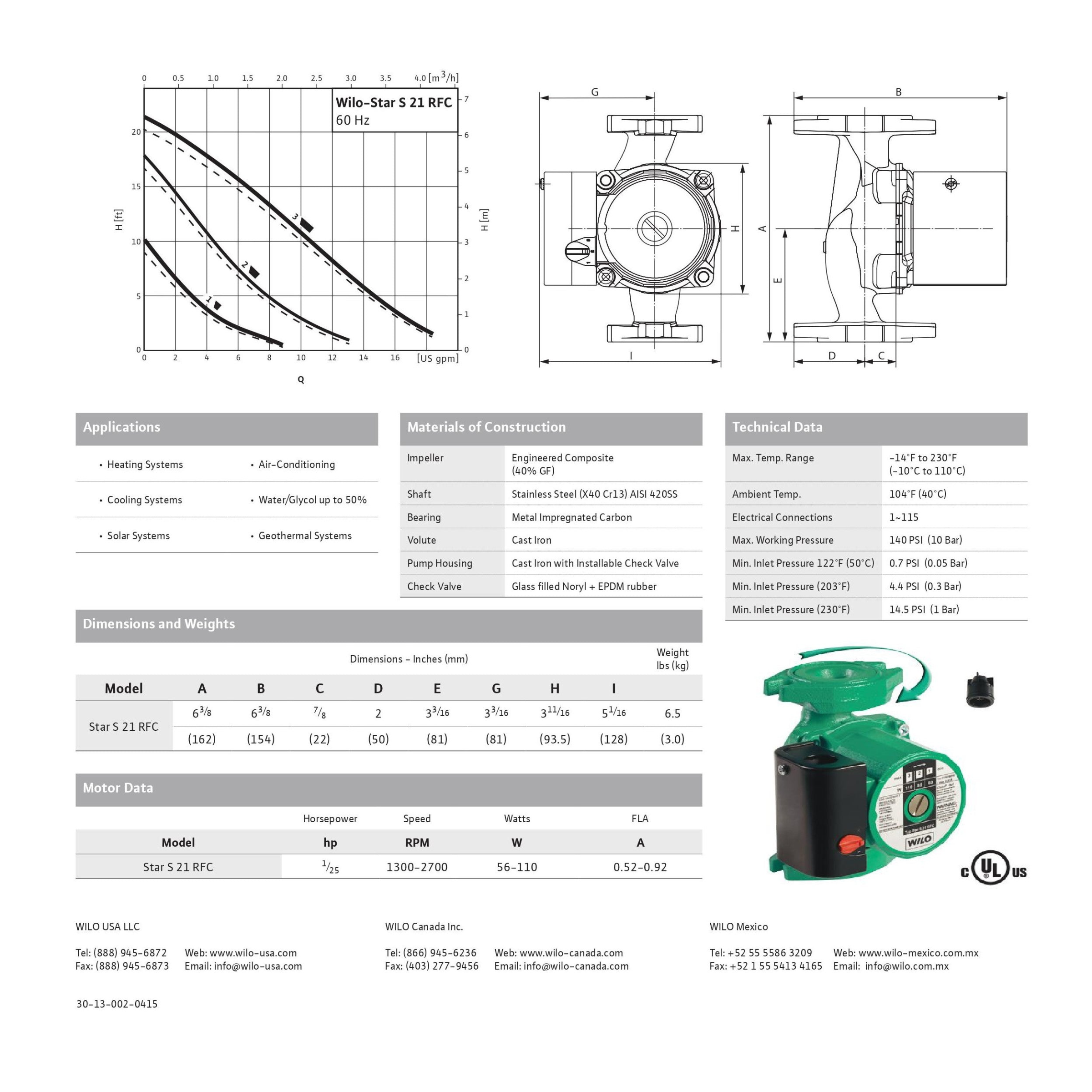 Star S 21 RFC Wilo Star S Star S Series Cast Iron 3-Speed Residential Circulating Pump, Max Flow 19 USGPM, 140 Psi, 115V/60HZ, 1/25 HP