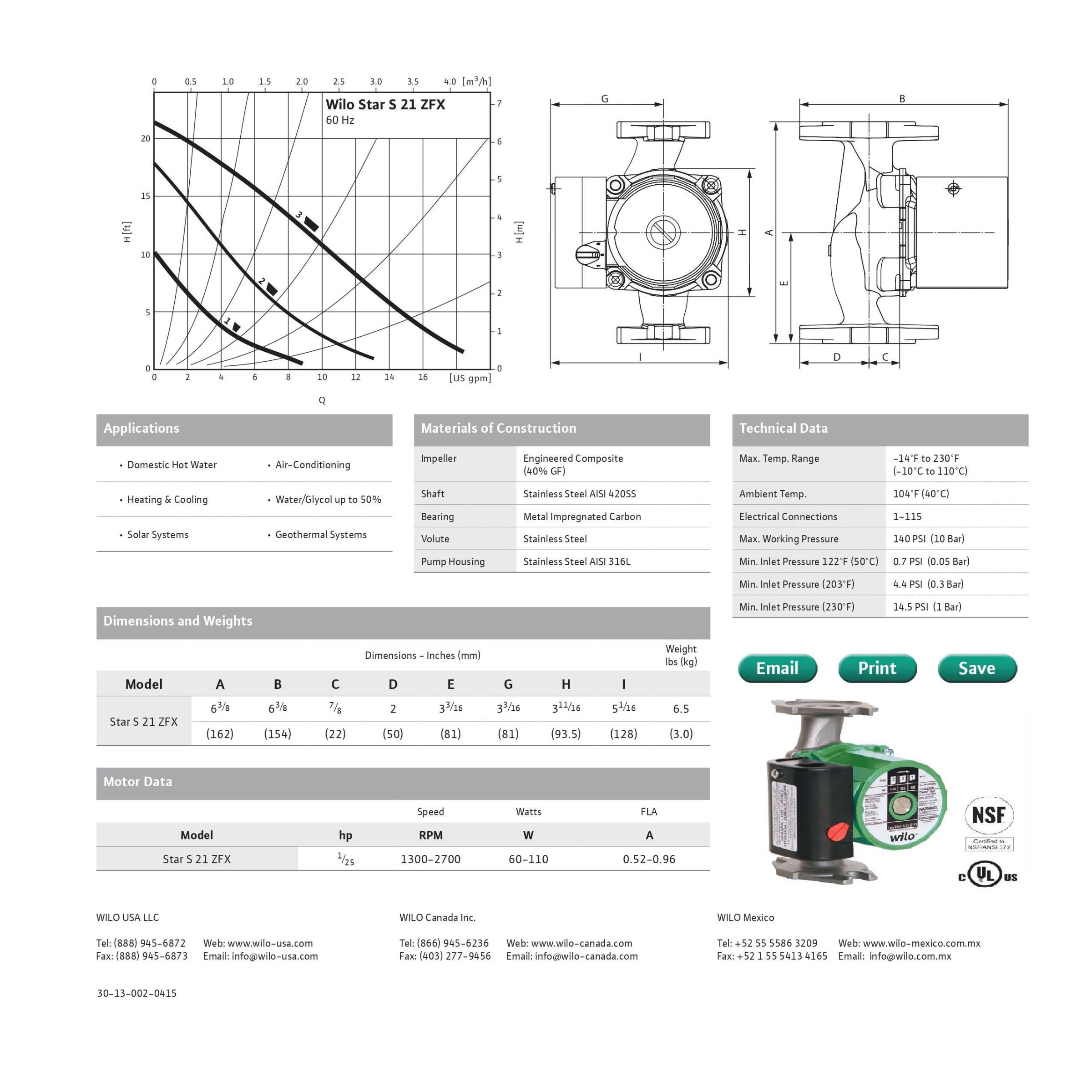 Star S 21 ZFX Wilo Star S Series Stanless Steel 3-Speed Residential Wet Rotor Circulator Pump, 1/25 HP, 115C/60Hz/1Ph, 140 Psi, Max Flow 33 USGPM