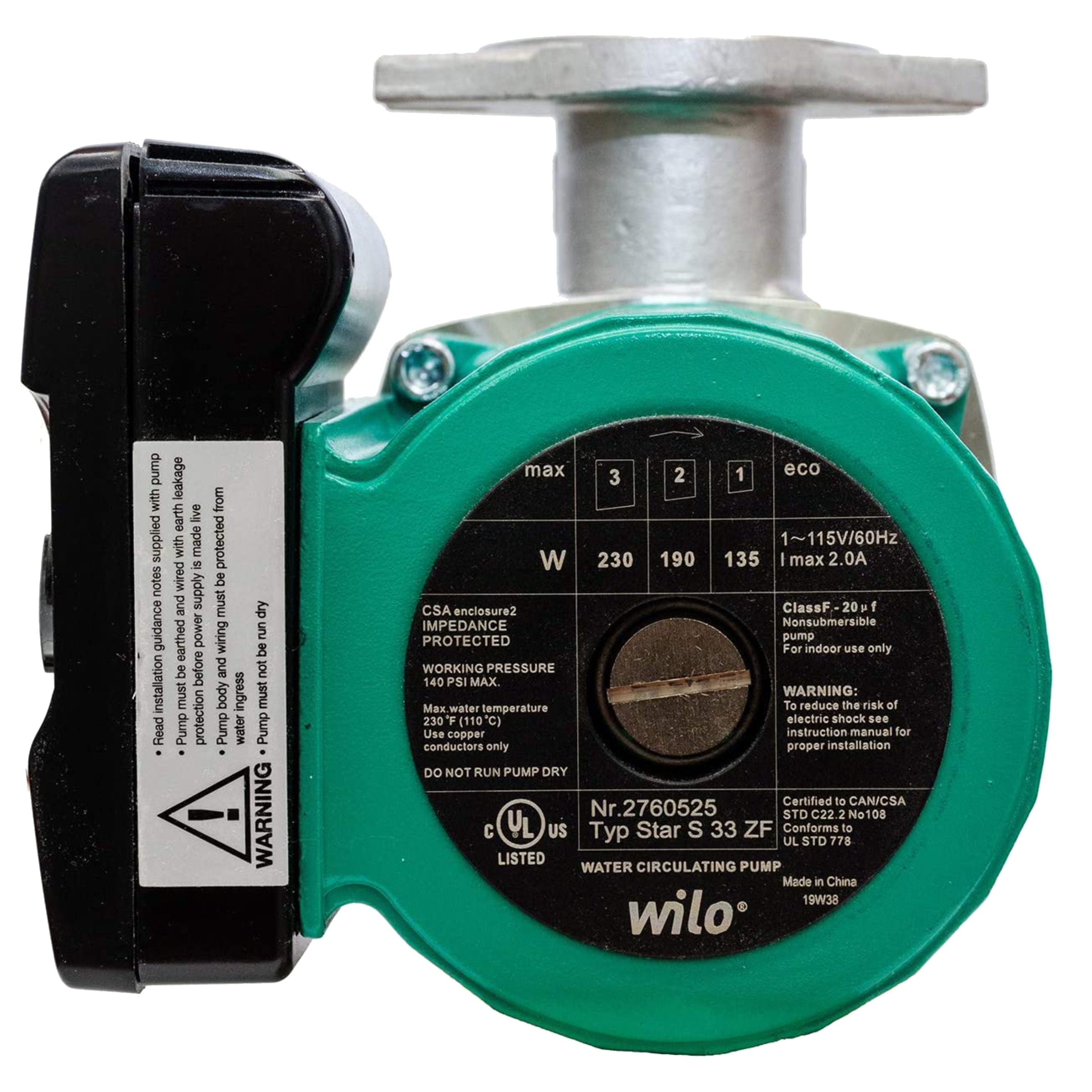 Star S 33 ZF Wilo Star S Series Stanless Steel 3-Speed Residential Circulator Pump, 1/6 HP, 115V/60Hz/1Ph, Max Flow 33 USGPM, 140 Psi