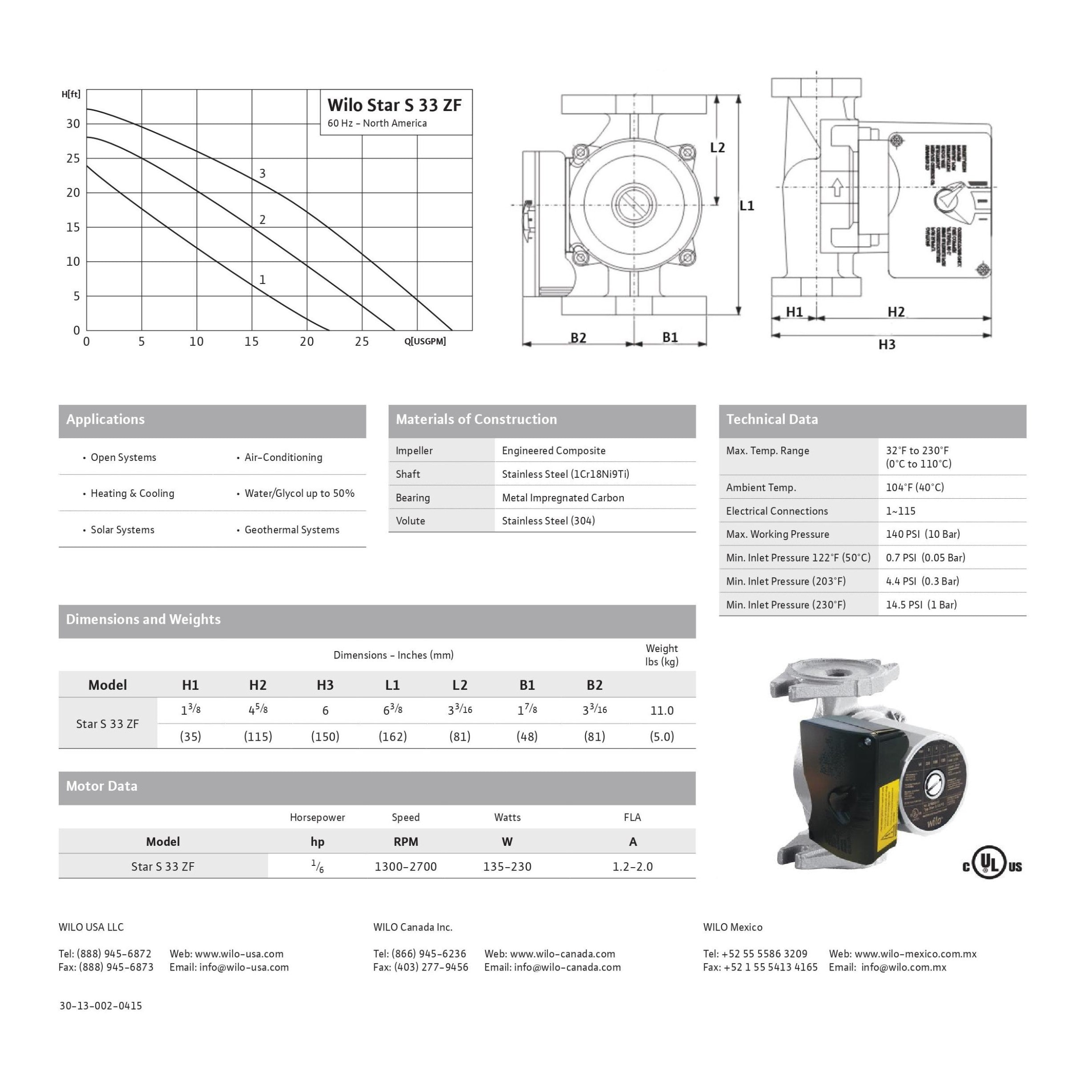 Star S 33 ZF Wilo Star S Series Stanless Steel 3-Speed Residential Circulator Pump, 1/6 HP, 115V/60Hz/1Ph, Max Flow 33 USGPM, 140 Psi