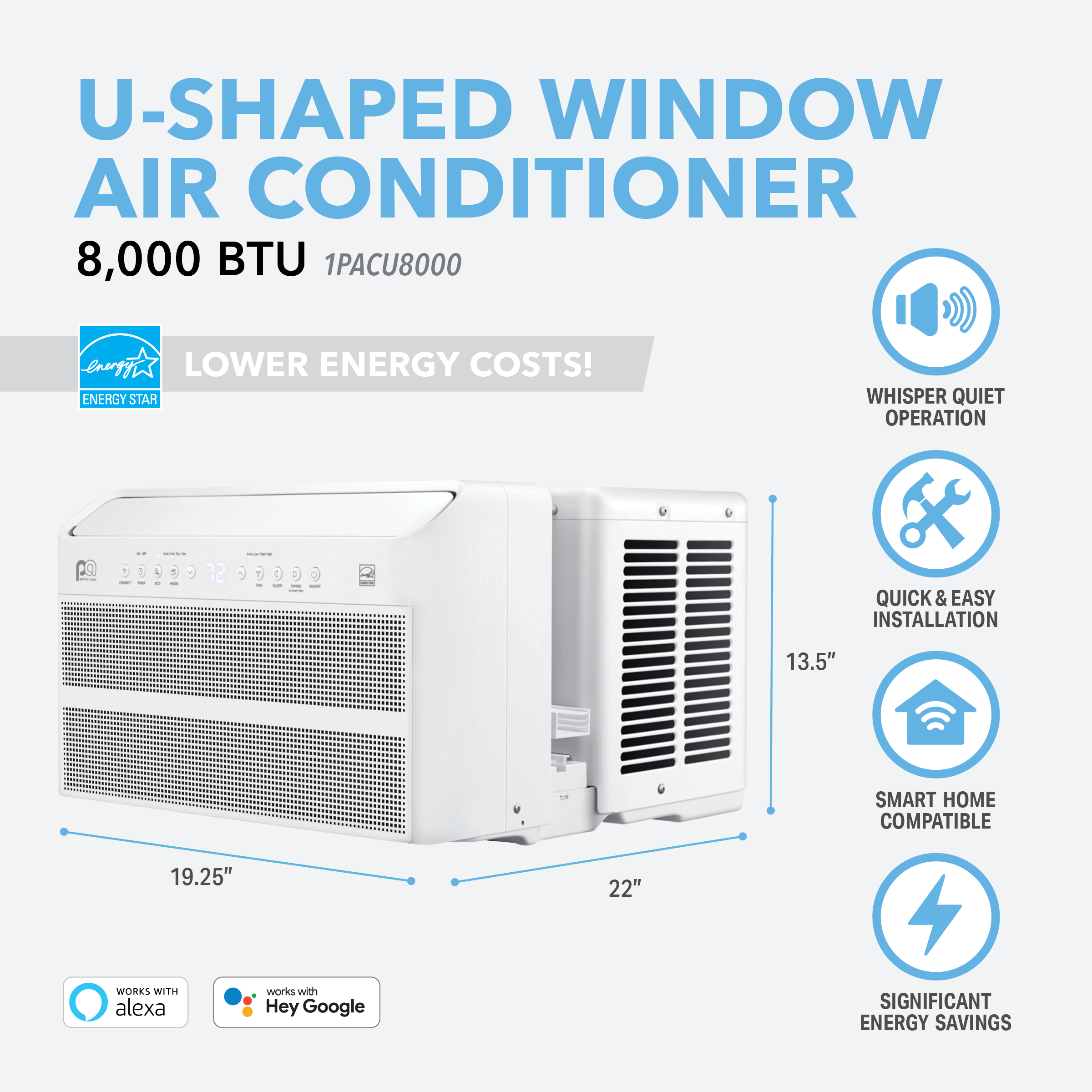 1PACU8000 Perfect Aire 8,000 BTU Energy Star U-Shaped Inverter Window Room Air Conditioner, Sq. ft: 350 Coverage with Wireless Smart Controls & Remote Control, R32 Refrigerant, 115V