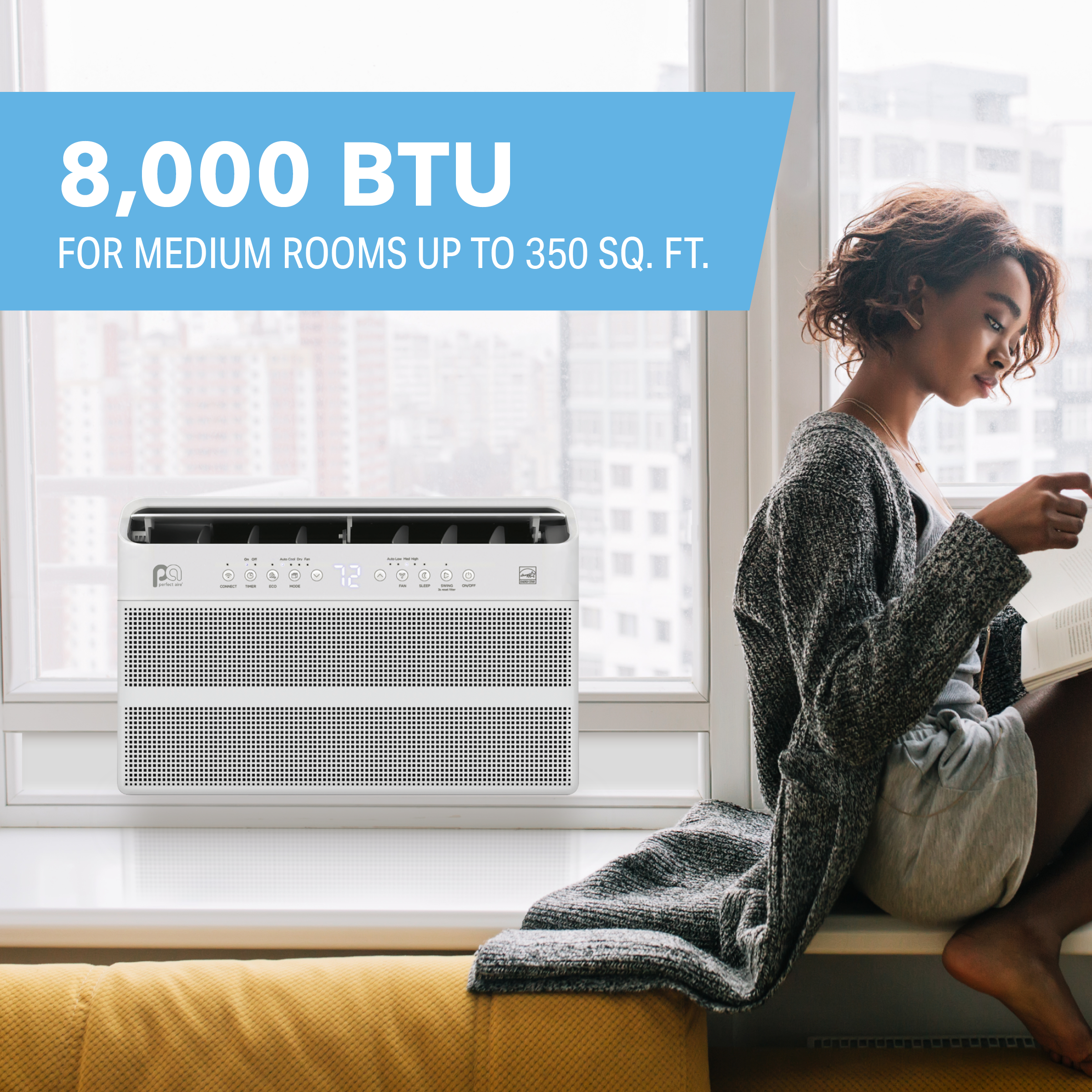 1PACU8000 Perfect Aire 8,000 BTU Energy Star U-Shaped Inverter Window Room Air Conditioner, Sq. ft: 350 Coverage with Wireless Smart Controls & Remote Control, R32 Refrigerant, 115V