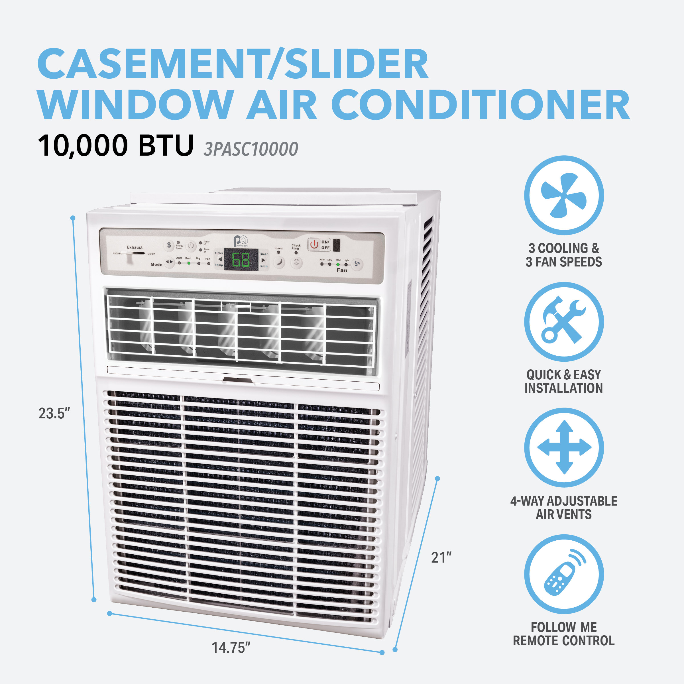 3PASC10000 Perfect Aire 10,000 BTU Casement Slider Window Air Conditioner, Sq. ft: 400-450 Coverage, With Remote Control