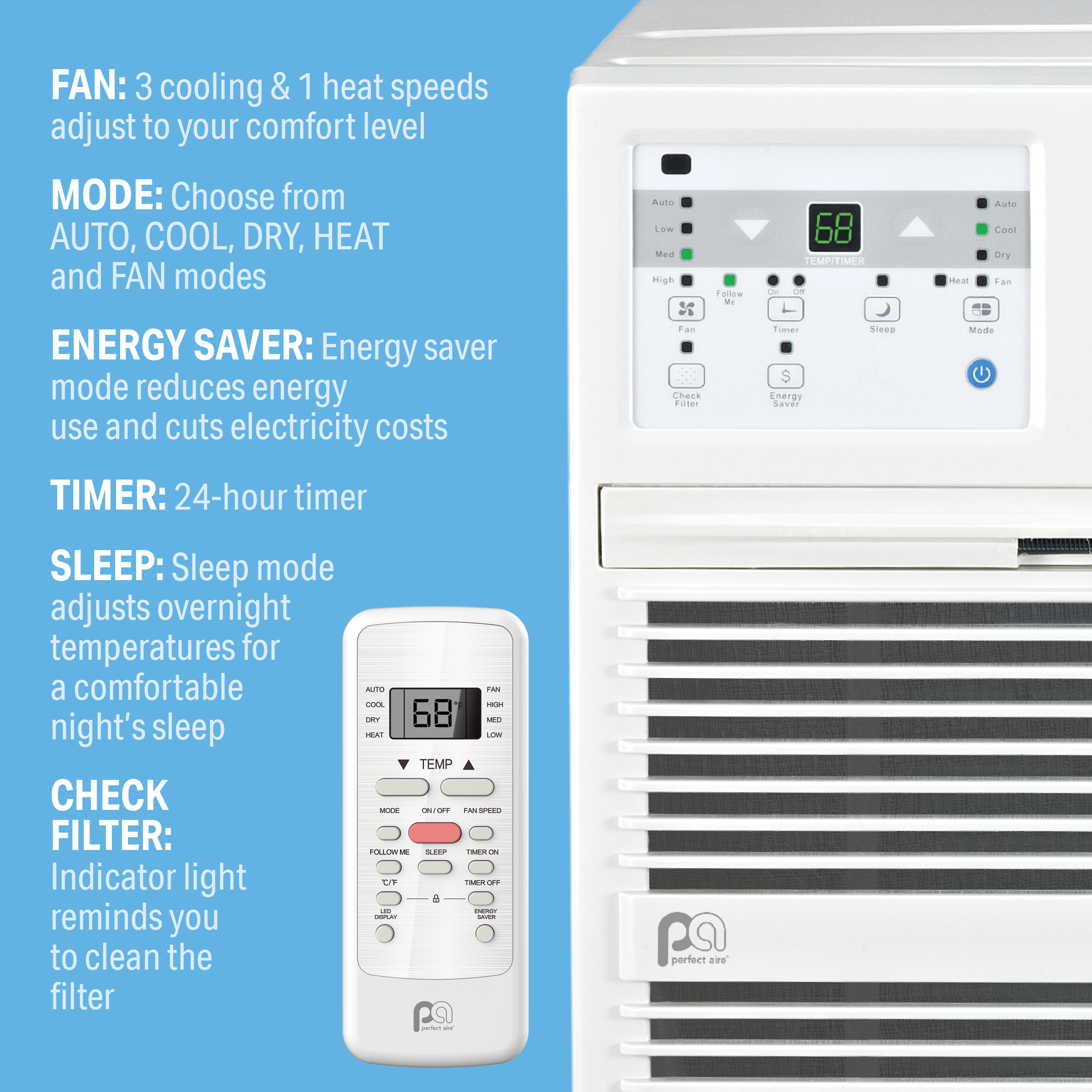 3PATWH12002 Perfect Aire 12,000 BTU Thru-the-Wall Air Conditioner with Electric Heater, Sq. ft: 450-550 Coverage, With Remote Control