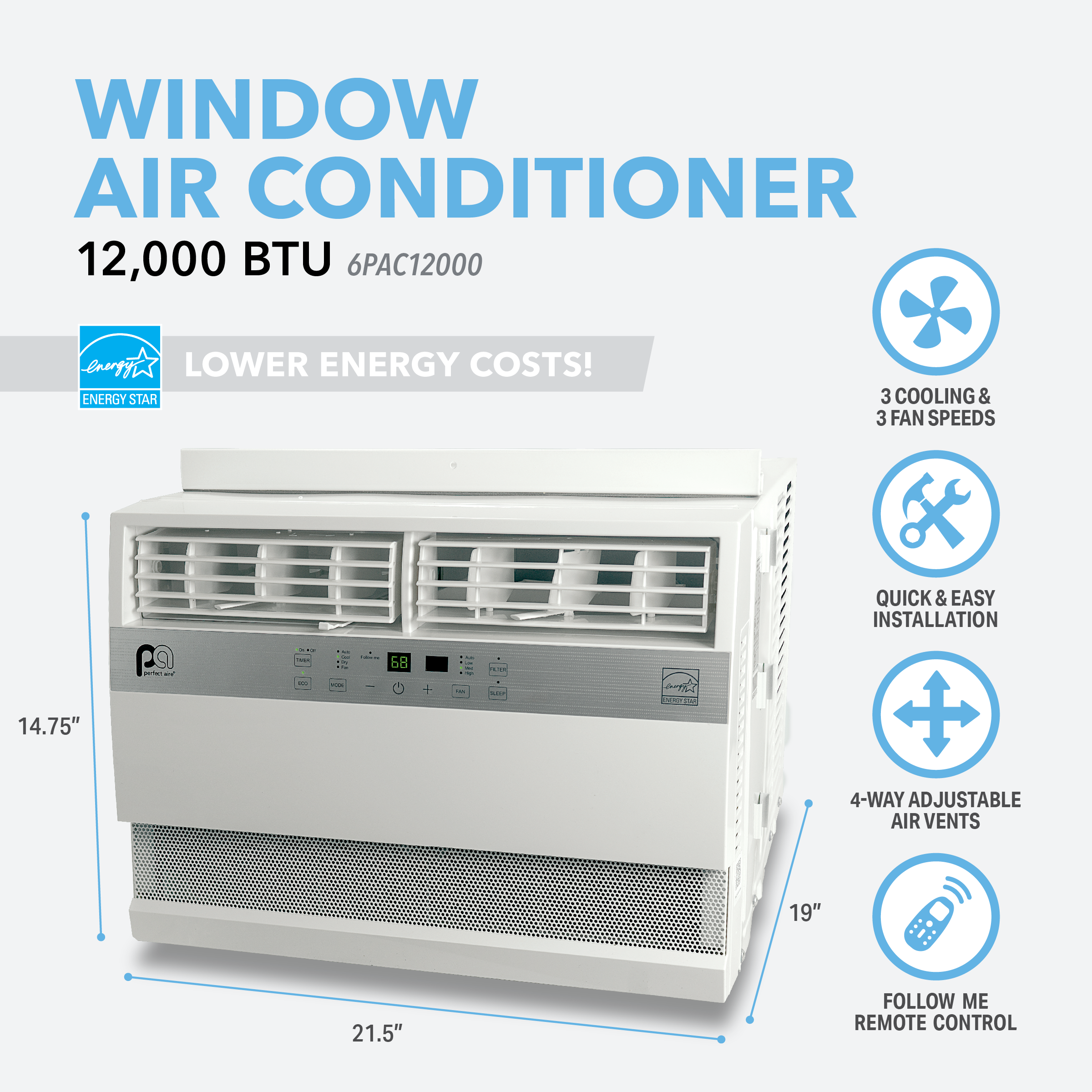 6PAC12000 Perfect Aire 12,000 BTU Flat Panel Window Room Air Conditioner, Sq. ft: 450-550 Coverage, With Remote Control