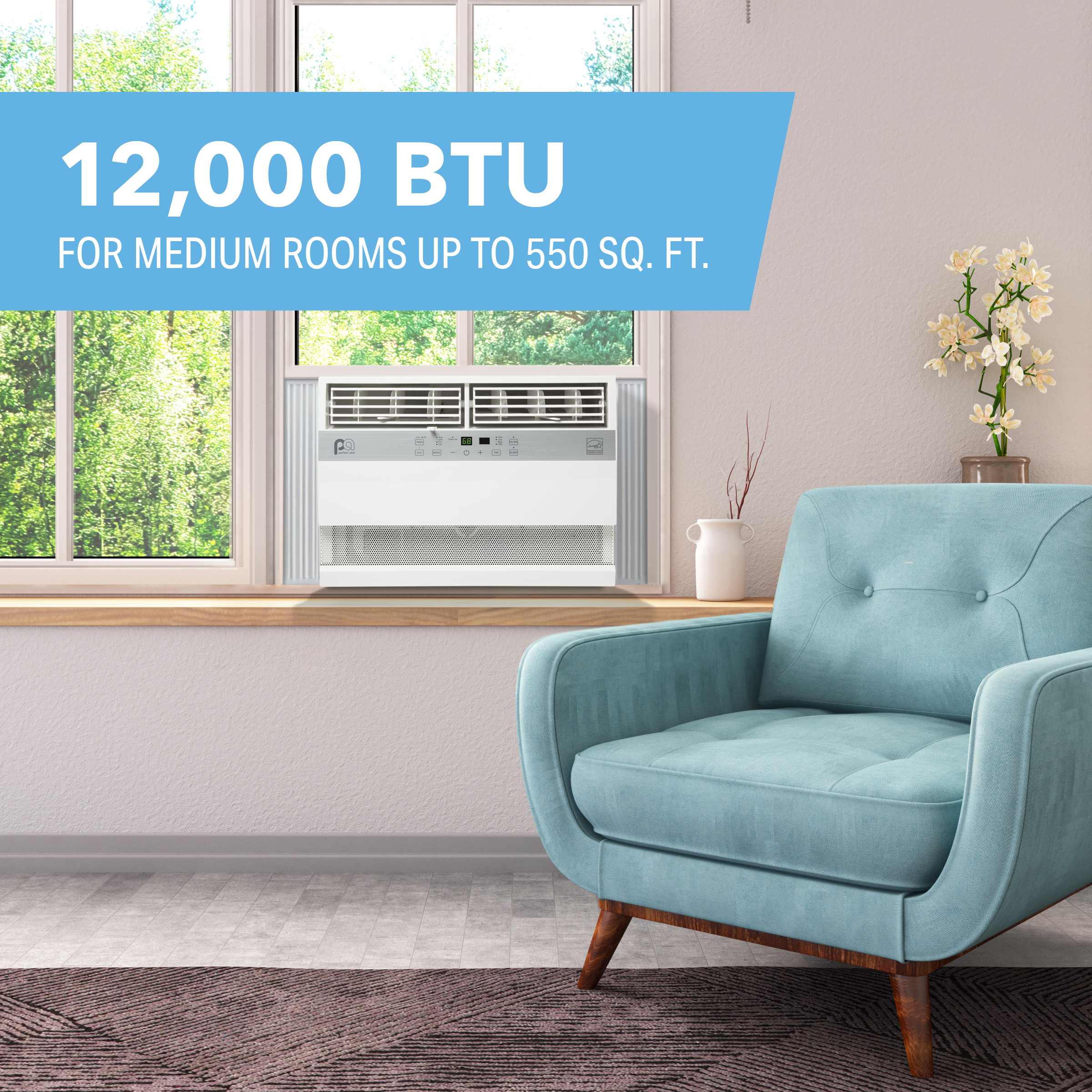 6PAC12000 Perfect Aire 12,000 BTU Flat Panel Window Room Air Conditioner, Sq. ft: 450-550 Coverage, With Remote Control