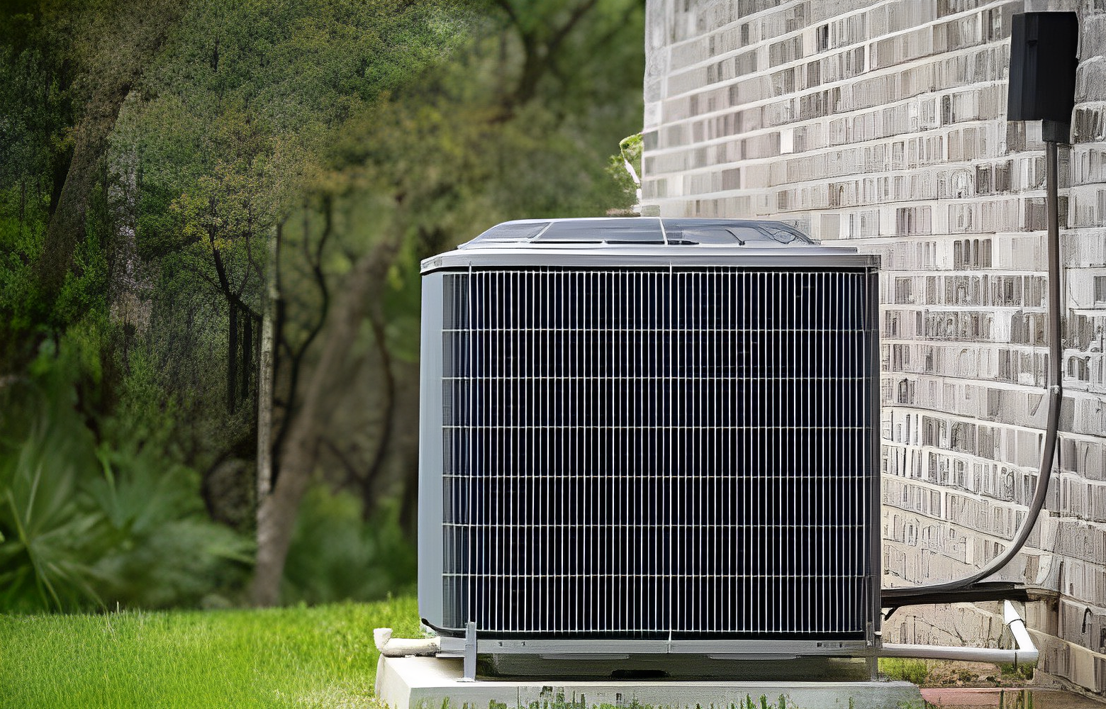 HVAC Air Conditioning Unit on concrete slap with new construction brick house