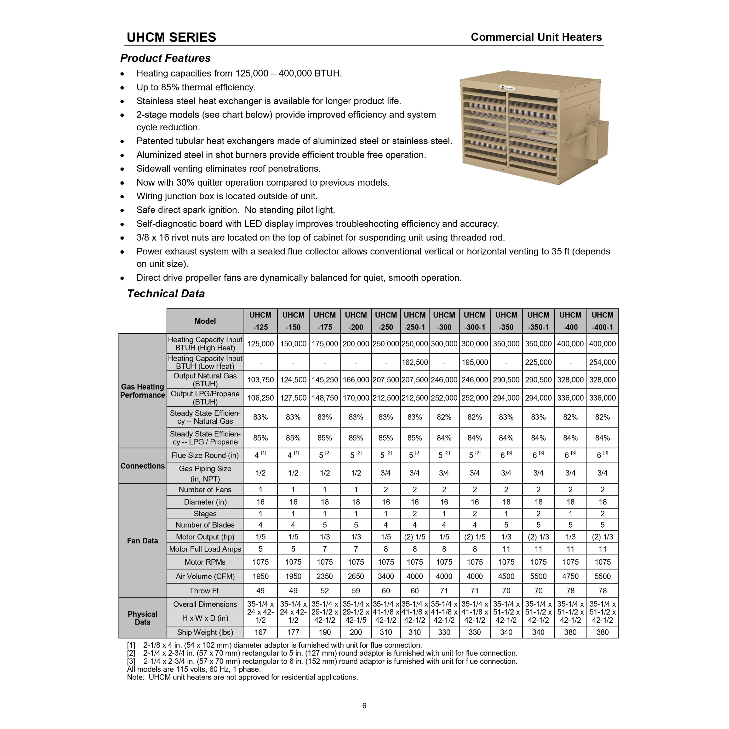 UHCM-150NA ADP UHCM Series Natural Gas Fired Unit Heater Aluminized Steel, 150,000  BTU, Efficiency  83%, 115V/ 60 Hz/ 1 Ph, Propeller Fan, 1950 CFM