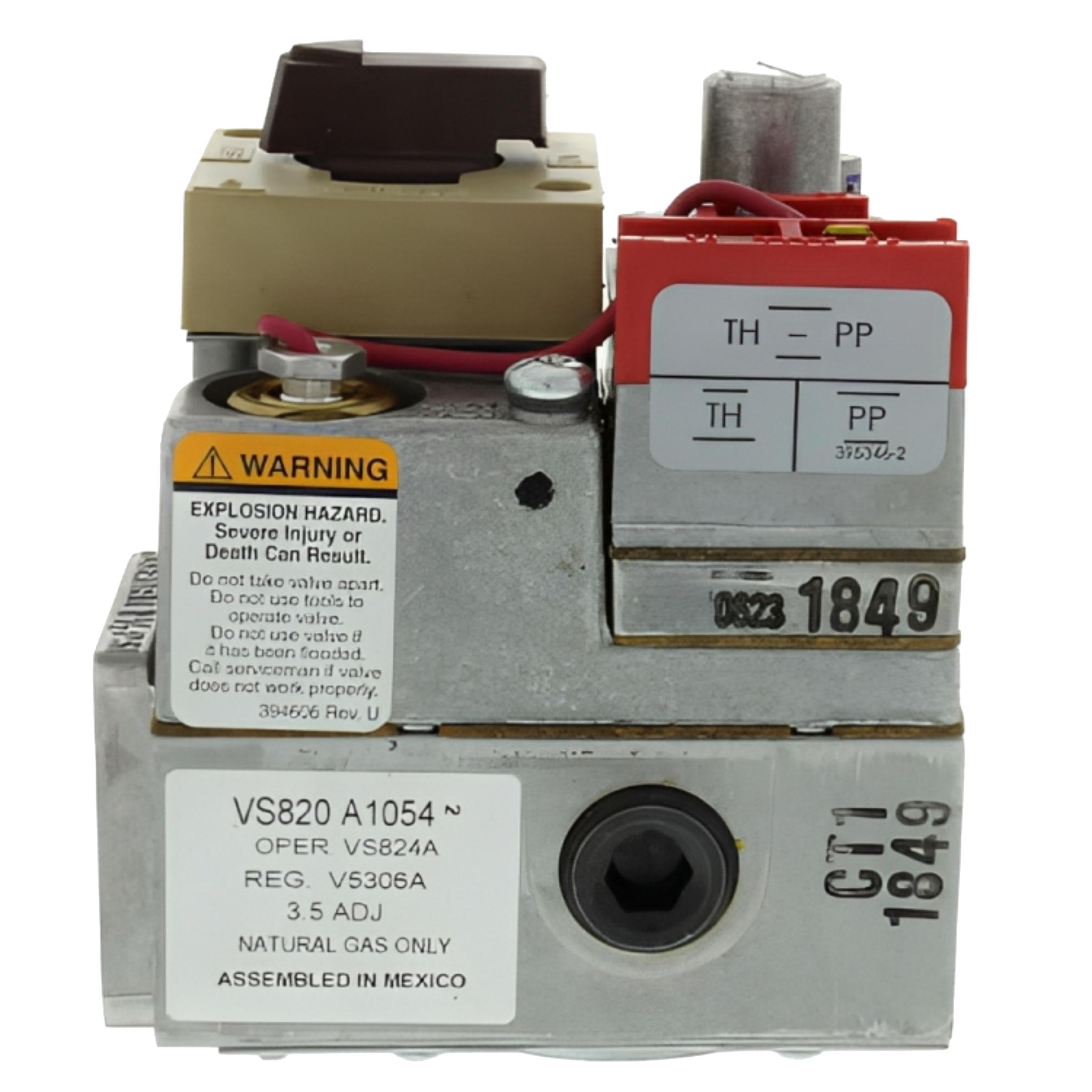VS820A1054 Honeywell Home Millivoltage Standard Opening Gas Valve. 750mV , 3/4 x 3/4" with 1/2" side outlets. Set 3.5" WC. Max Capacity 425,000 BTU/hr