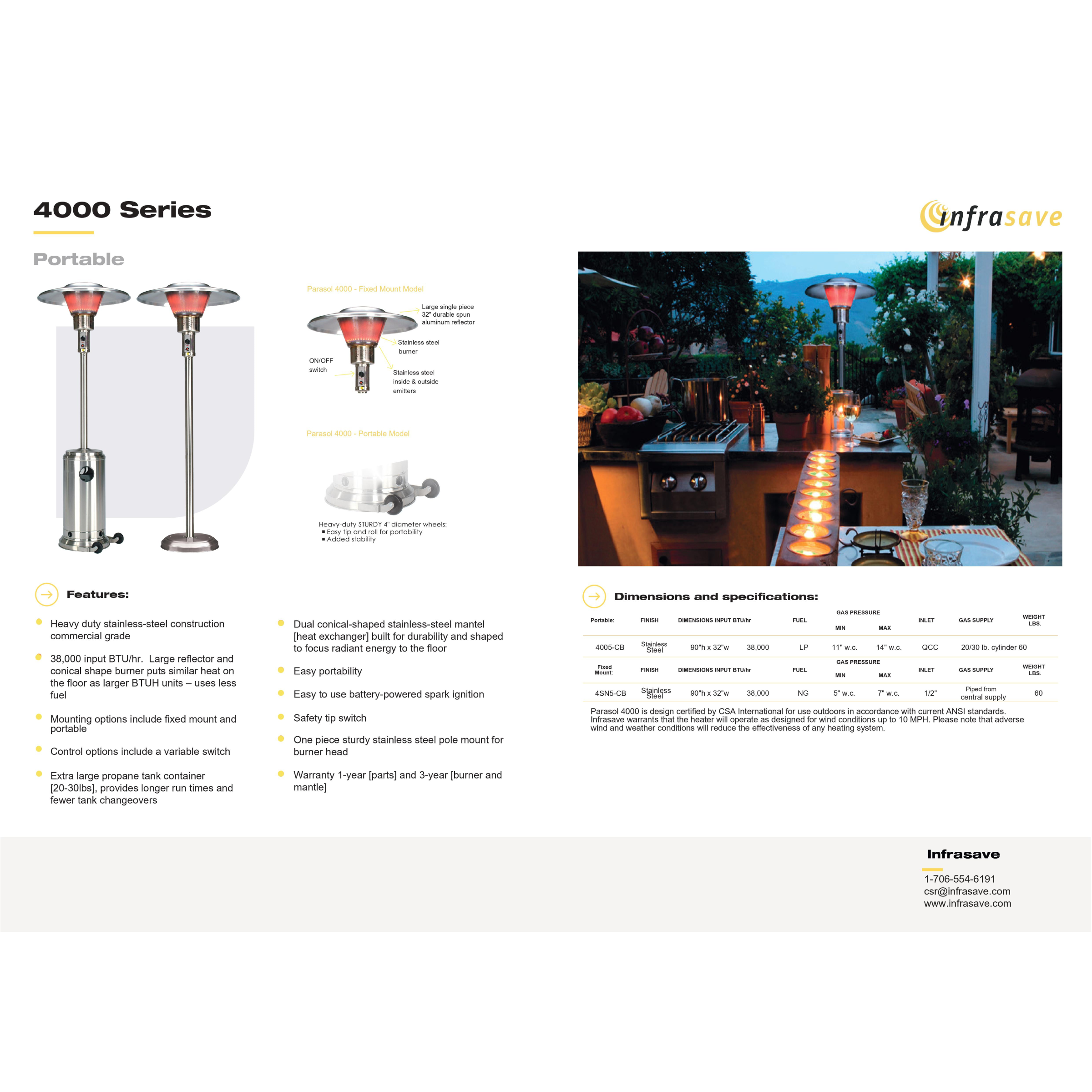 4SN5-CB Infrasave 4000 Series Portable Outdoor Infrared Stainless Steel Patio Heater, Fixed Mounted Parasol Model Natural Gas, 38,000 BTU, 24 V