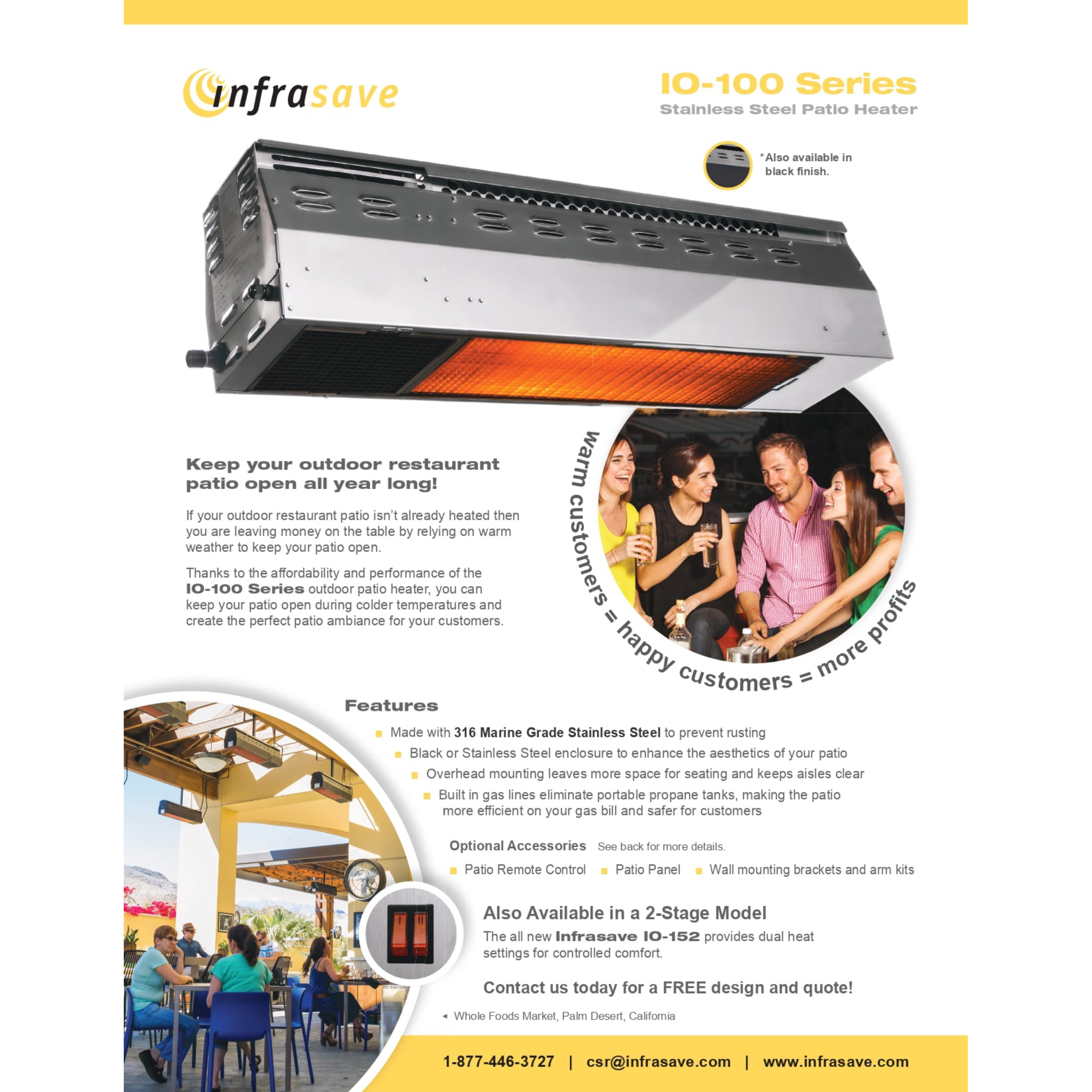 IO-152-N Infrasave IO-100 Series Outdoor Natural Gas Stainless Steel Infrared Patio Heater 2 Stage Model 44", 24V 50,000 / 36,500 BTU