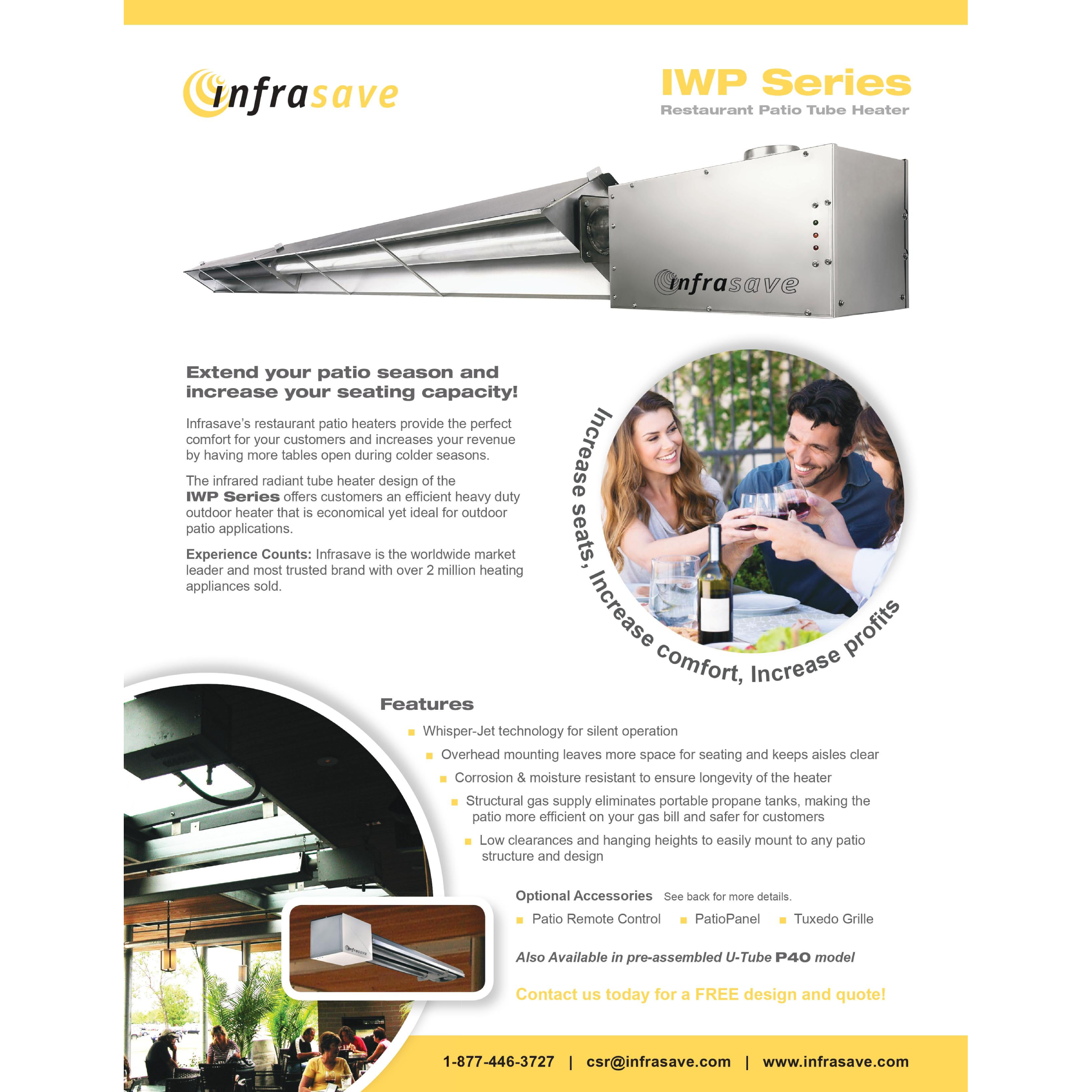 IW 60 Infrasave IW Series Outdoor Patio Infrared Tube Heater Natural Gas- 60,000 BTU, 120V/60 Hz/1.5 AMPS