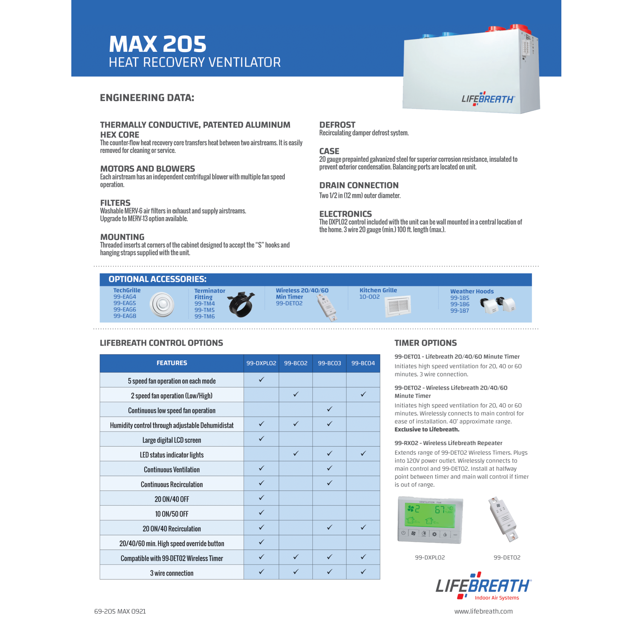 205 MAX Lifebreath Residential Heat Recovery Ventilator (HRV), 179 CFM, 120 V, Frequency 60 HZ, Controller Included