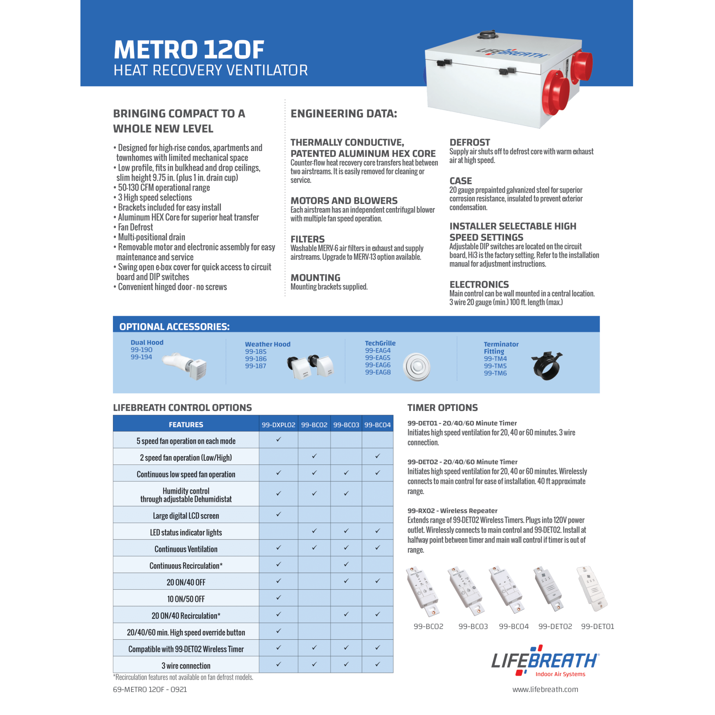 METRO 120F Lifebreath Residential Heat Recovery Ventilator (HRV), 126 CFM,