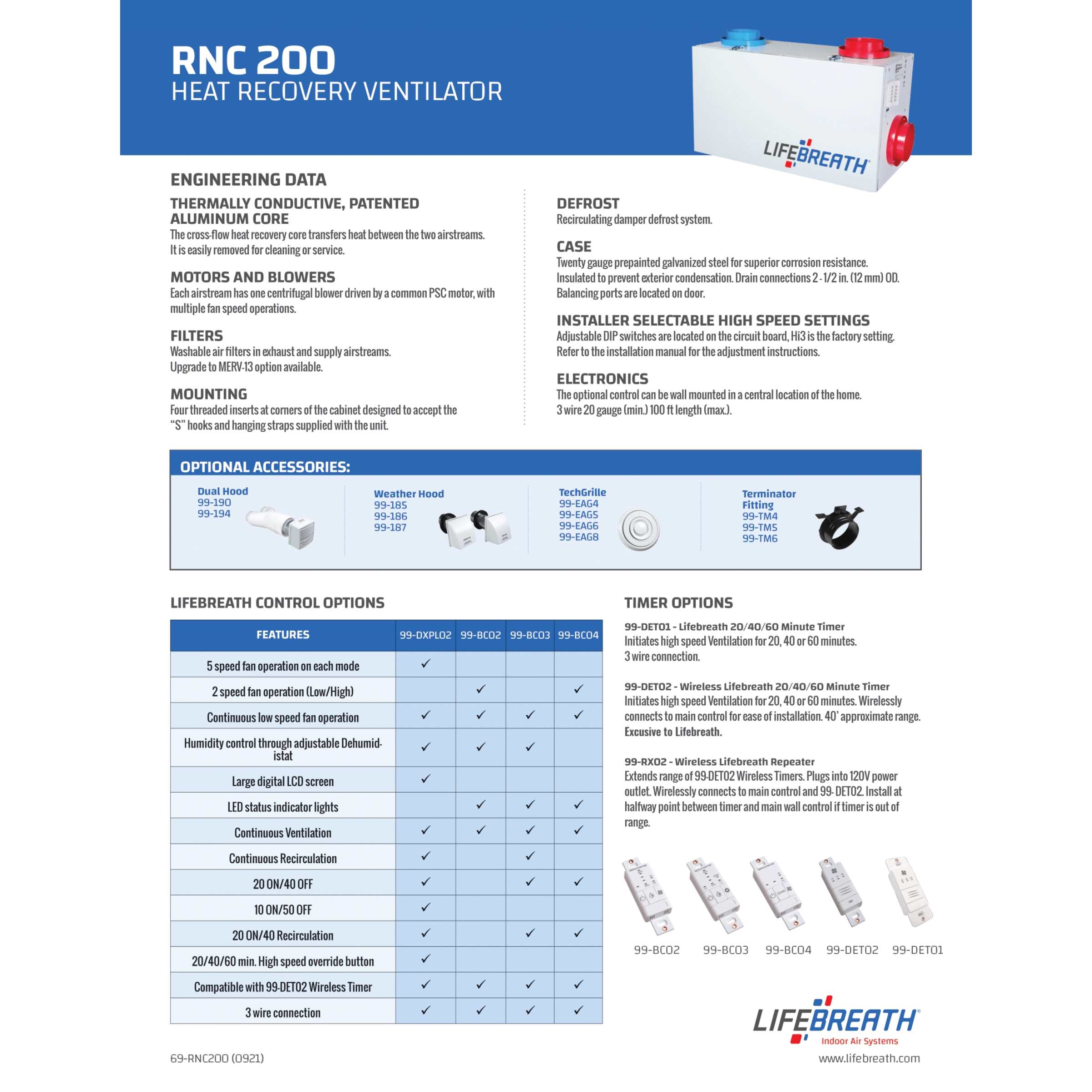 RNC 205 Lifebreath Residential Heat Recovery Ventilator (HRV), 171 CFM, 120 V, Frequency 60 Hz