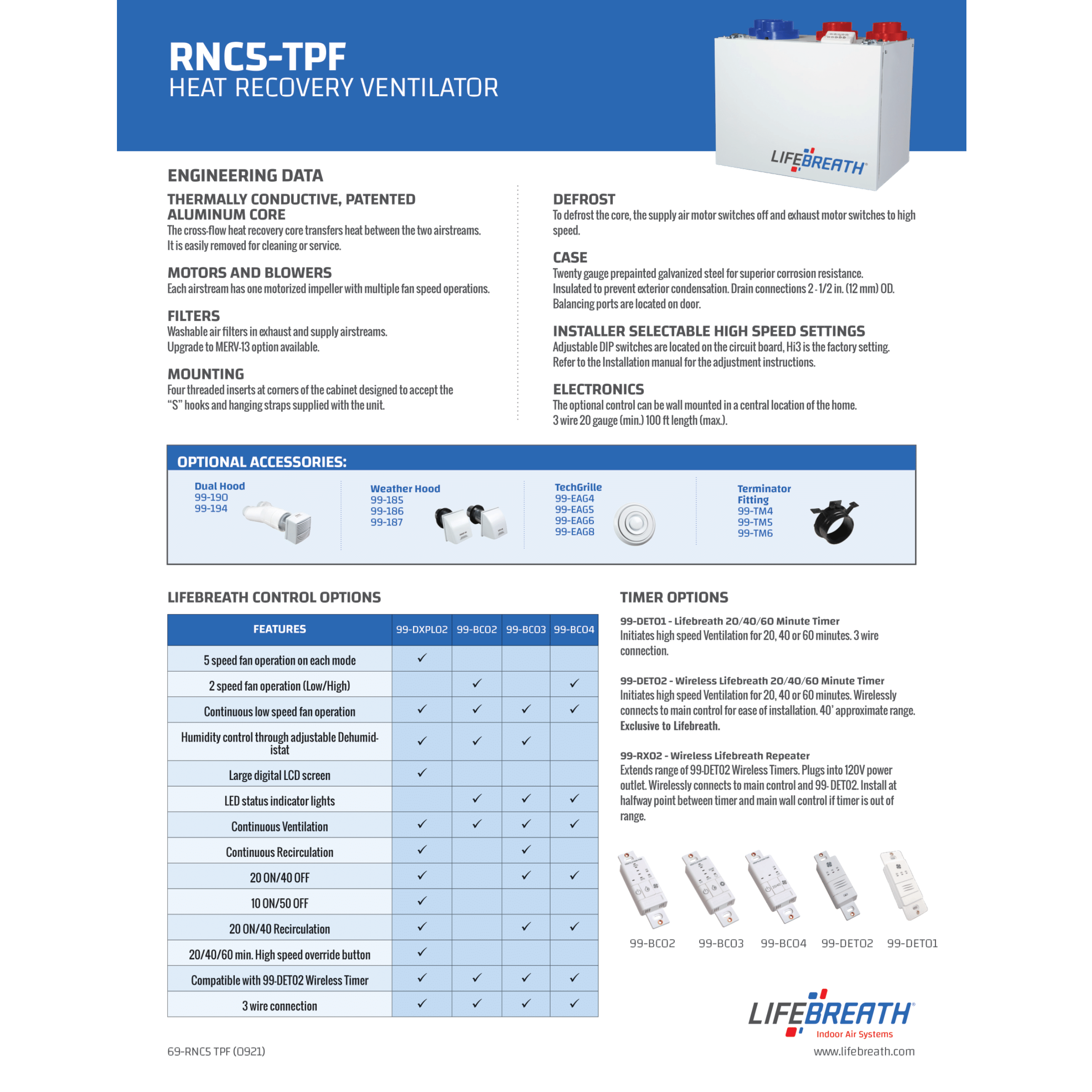 RNC5-TPF Lifebreath Compact Series Residential Heat Recovery Ventilator (HRV), 143 CFM, 120V, Frequency 60 HZ