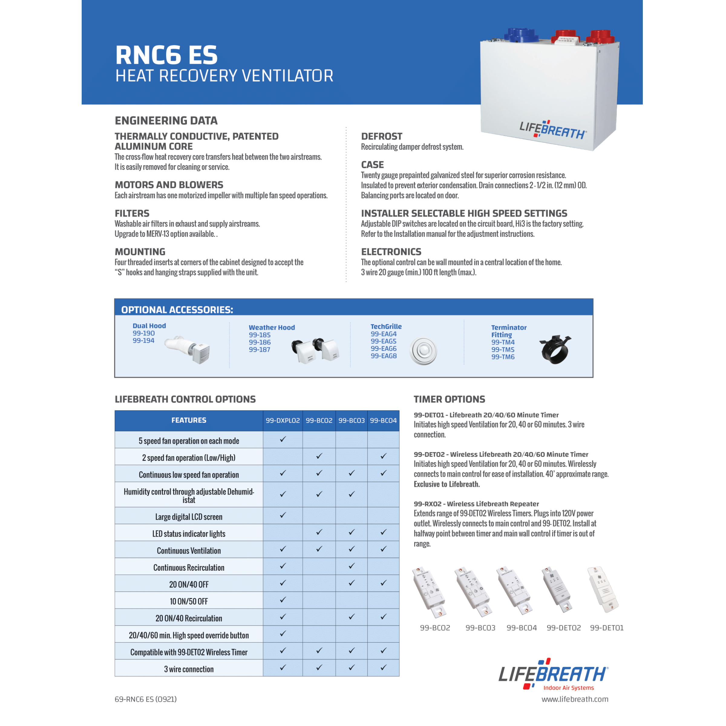 RNC6-ES  Lifebreath RNC6-ES Residential Heat Recovery Ventilator (HRV), 152 CFM, 120 V, Frequency 60 Hz