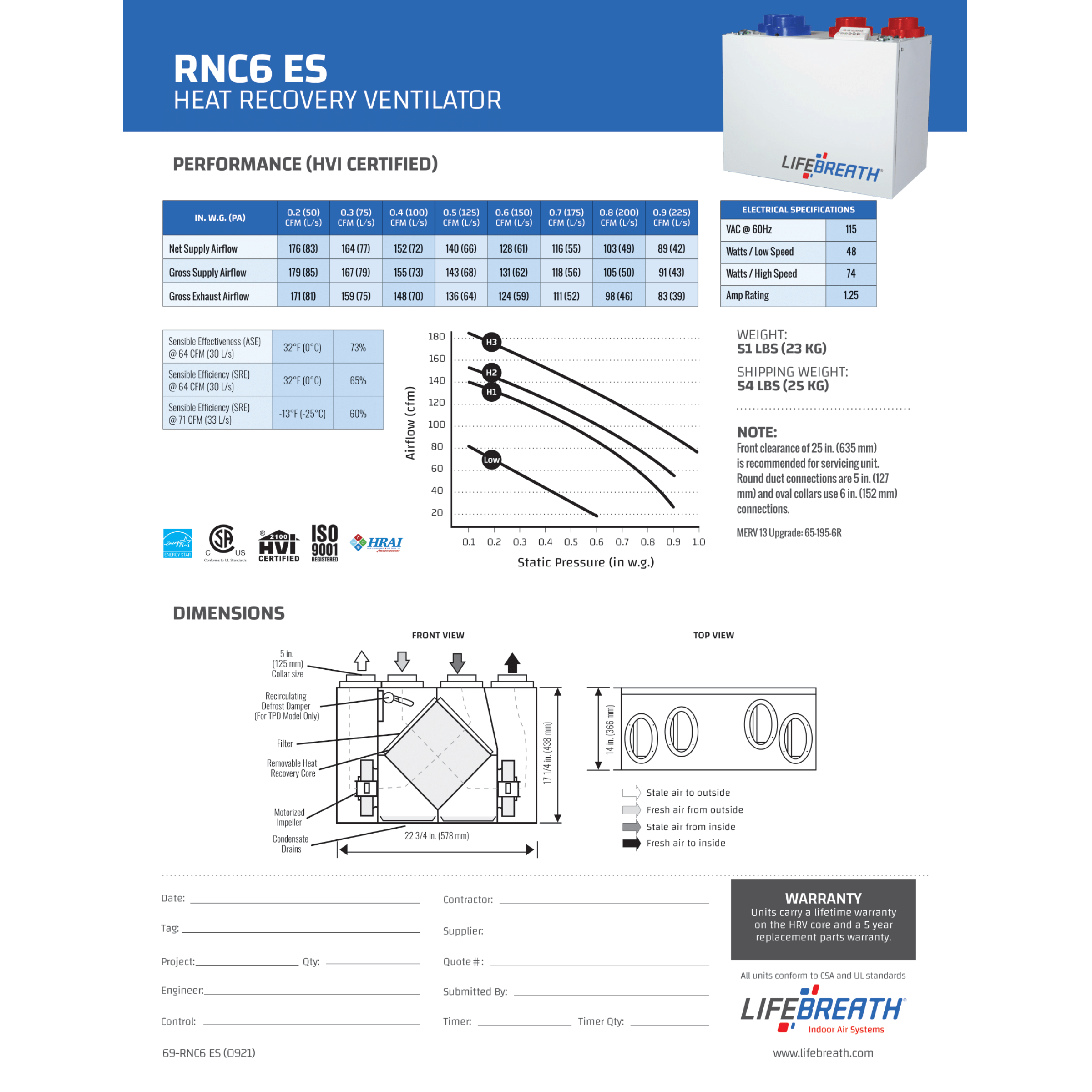 RNC6-ES  Lifebreath RNC6-ES Residential Heat Recovery Ventilator (HRV), 152 CFM, 120 V, Frequency 60 Hz