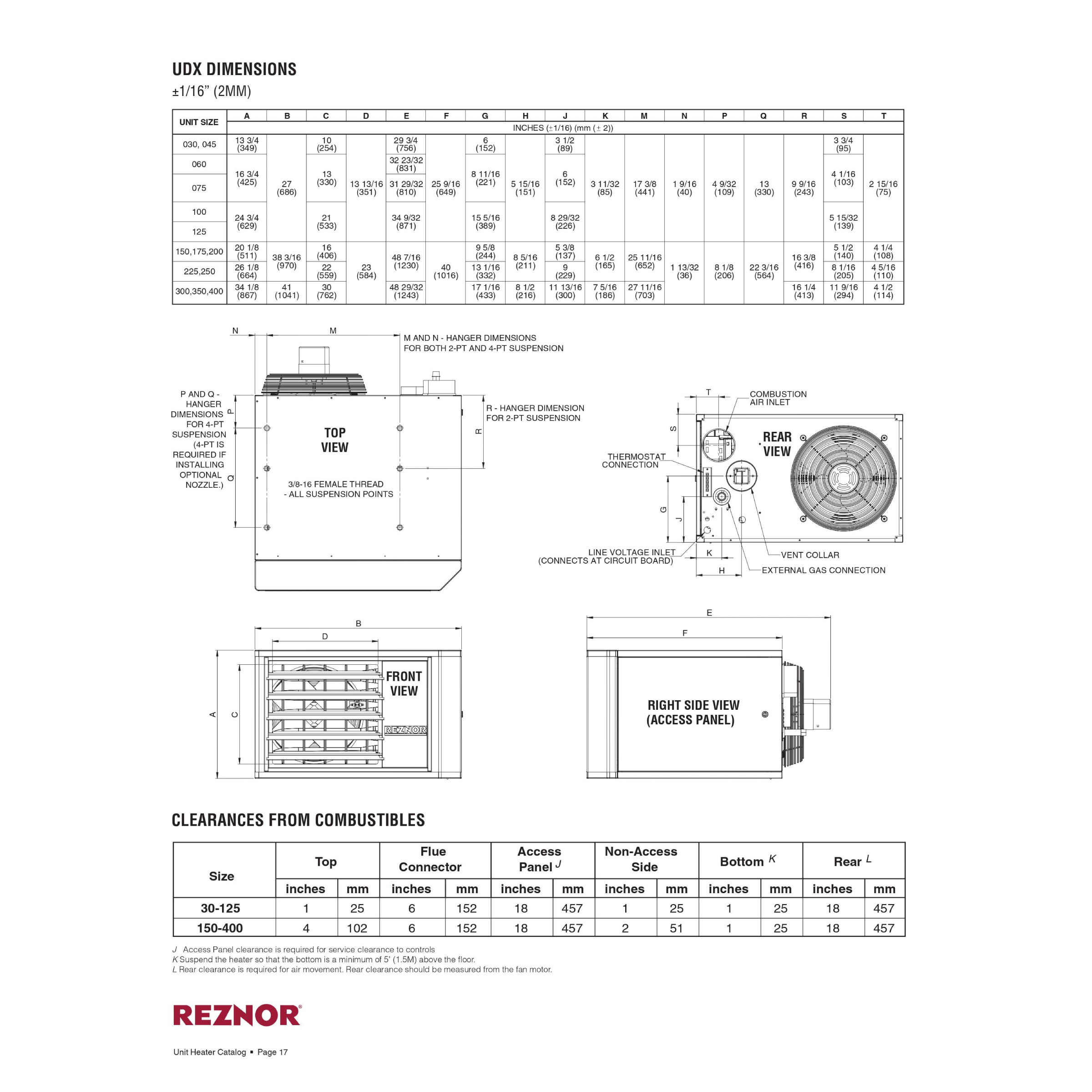 UDX45  Reznor Model UDX  Power Vented Low Static Axial Fan Gas-Fired Unit Heater 45,000 BTU, Thermal Efficiency 83%, 629 CFM, 115V/60Hz/1Ph