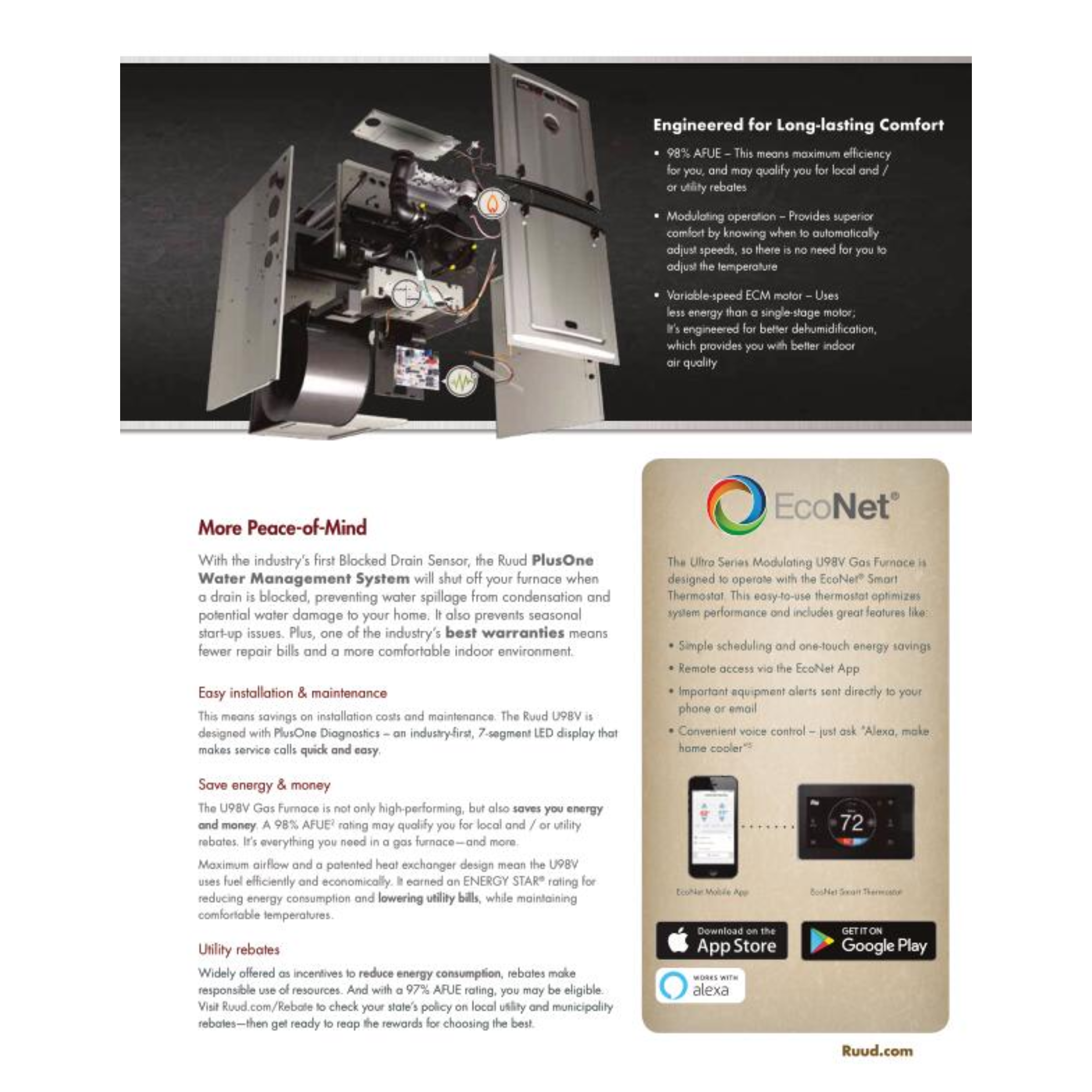 Ruud U98V Econet™ Ultra® Series Modulation Upflow Gas Furnace Input Rates From 60 To 115 Kbtu, 98% A.F.U.E., Energy Star Qualified