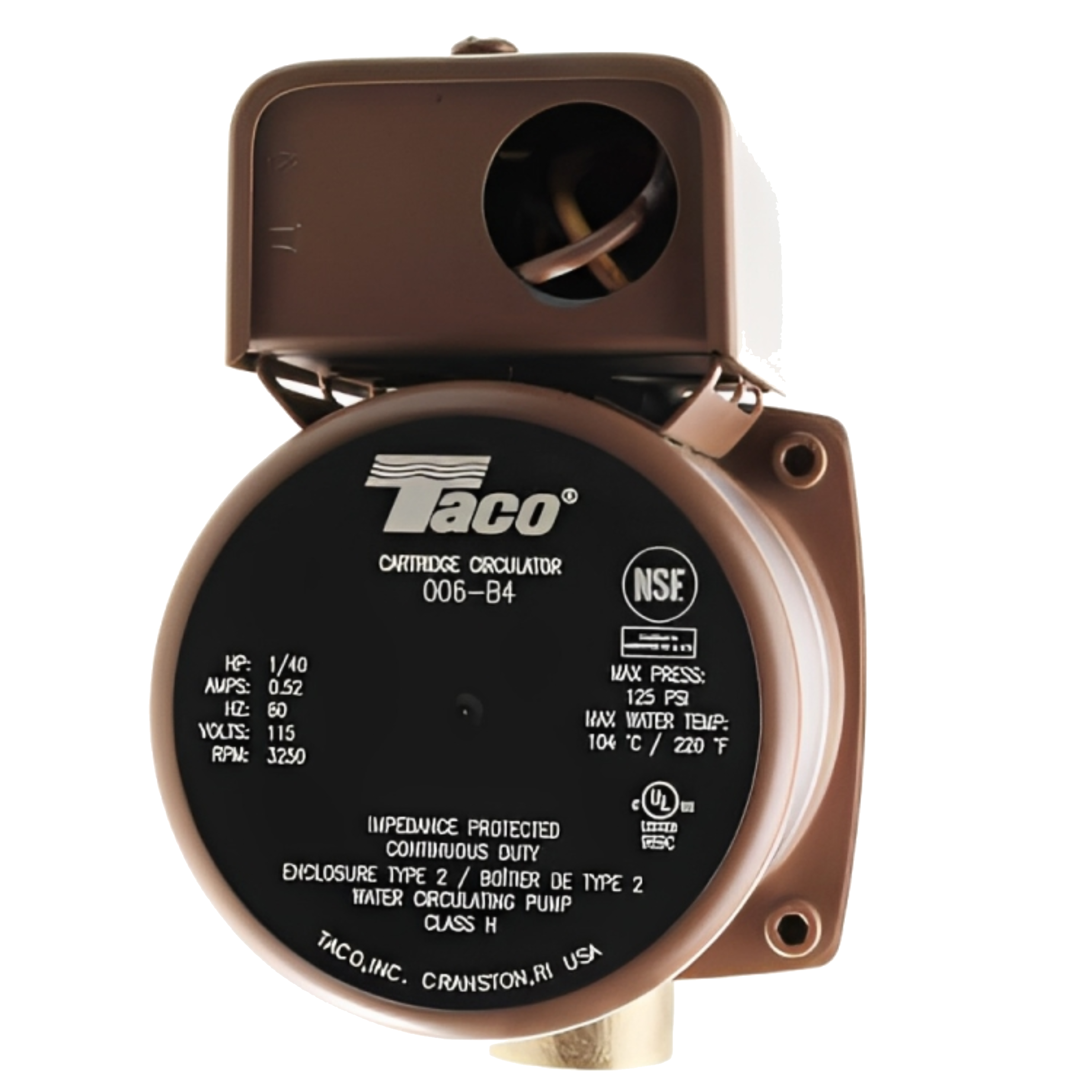 Taco 006-B4 Bronze  3/4" Sweat Plumb n’ Plug Domestic Hot Water Circulator Pump, 1/40 HP, 115V/60Hz/1Ph, Max. Flow 11.5 GPM, 125 psi