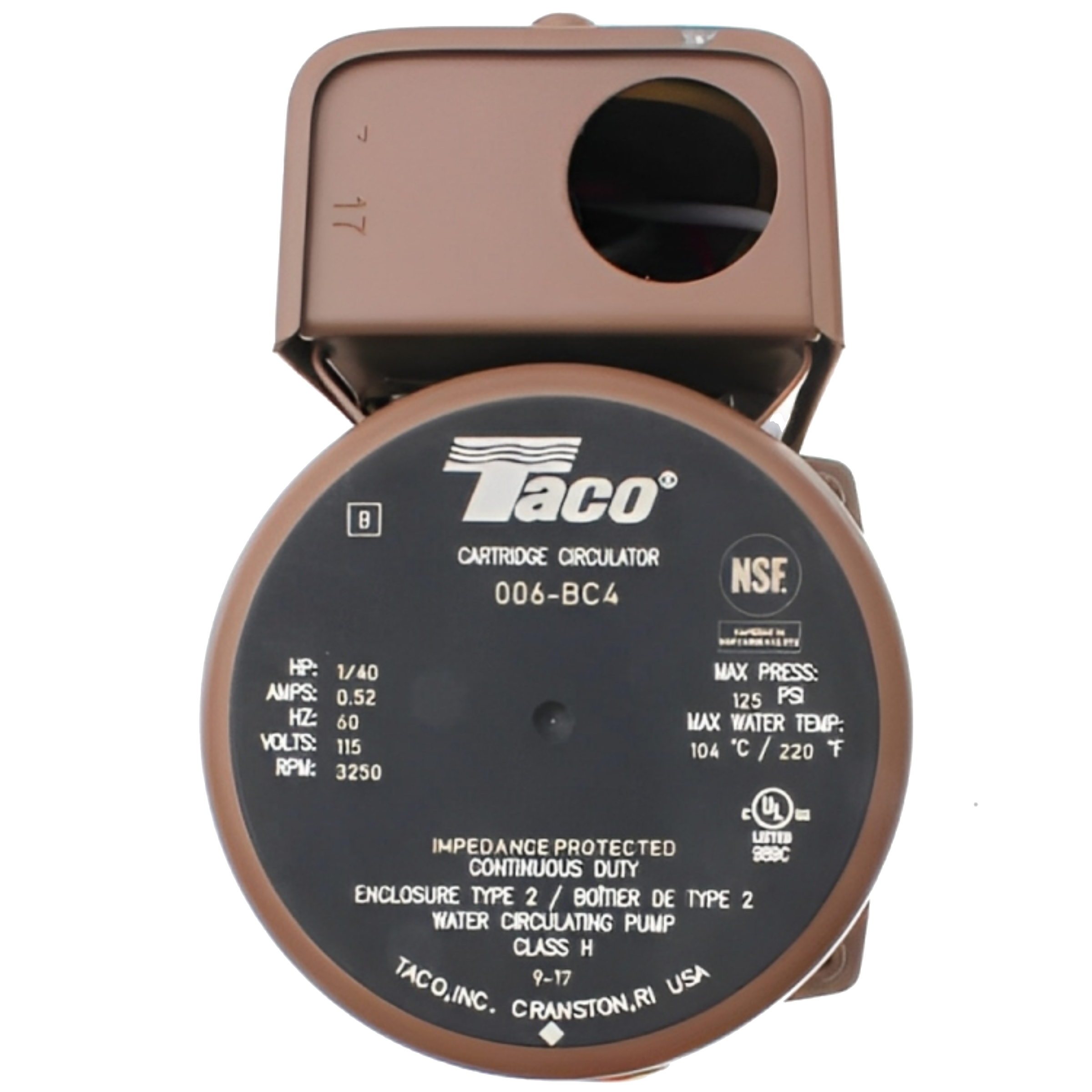 Taco 006-BC4 Bronze 1/2" Sweat Plumb n’ Plug Domestic Hot Water Circulator Pump 1/2" Sweat, 1/40 HP, 115V/60Hz/1Ph, Max. Flow 11.5 GPM, 125 psi